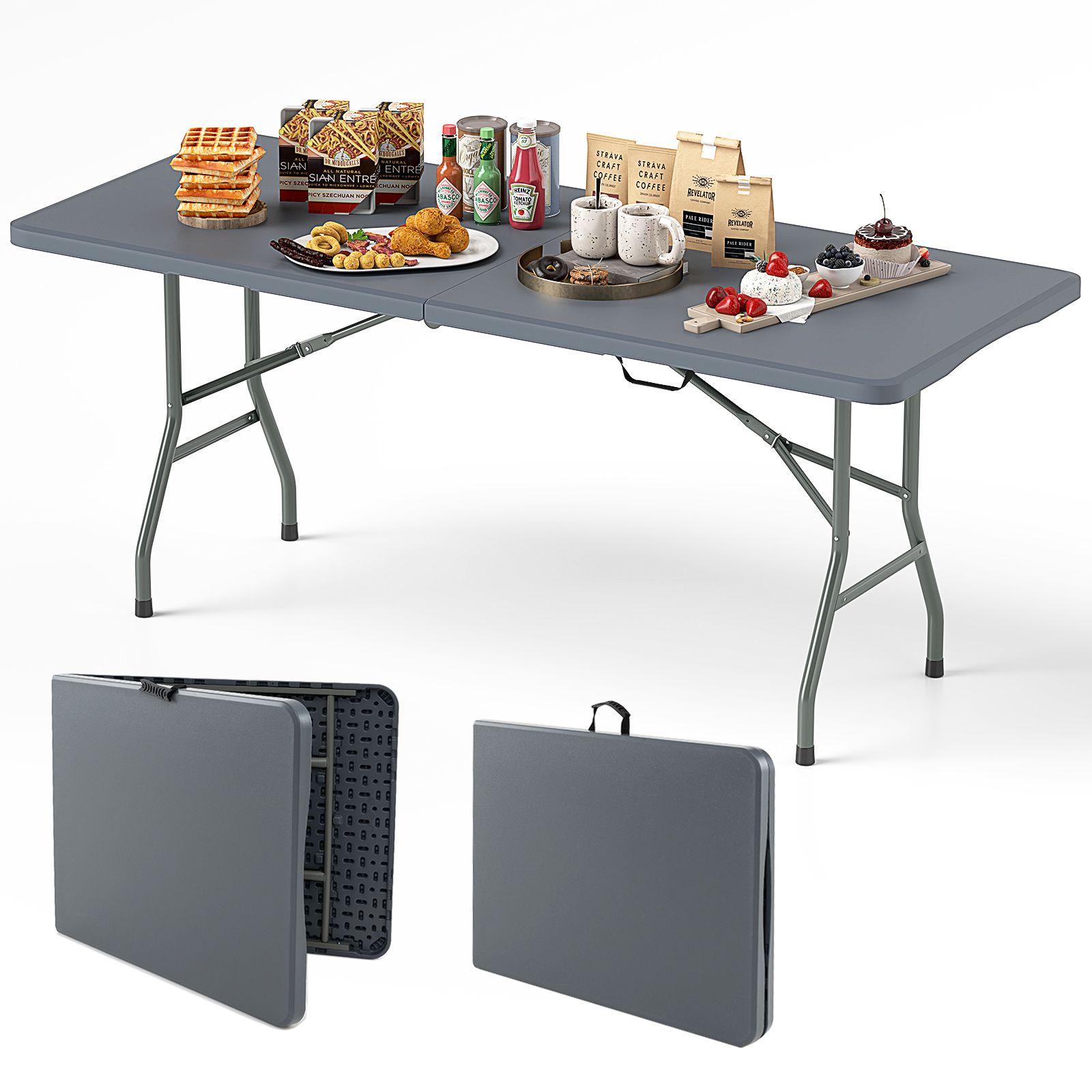 Table pliante portable de 1,8 m, supportant 159 kg, pliable en deux, plateau PEHD