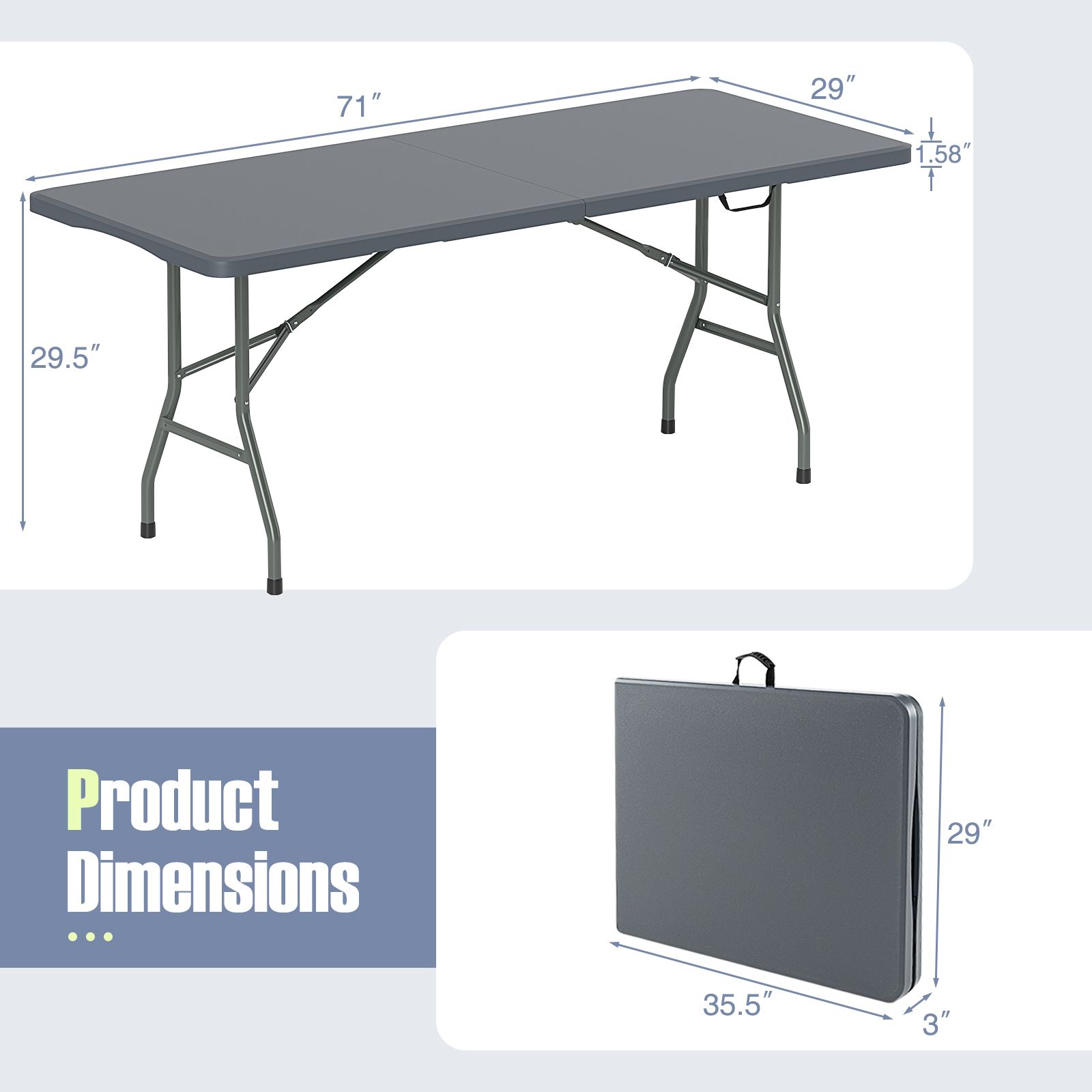 Table pliante portable de 1,8 m, supportant 159 kg, pliable en deux, plateau PEHD