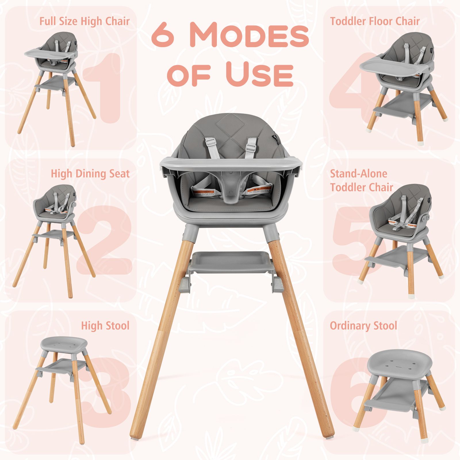 6 1 Convertible Highchair, Safety Harness and Removable Tray
