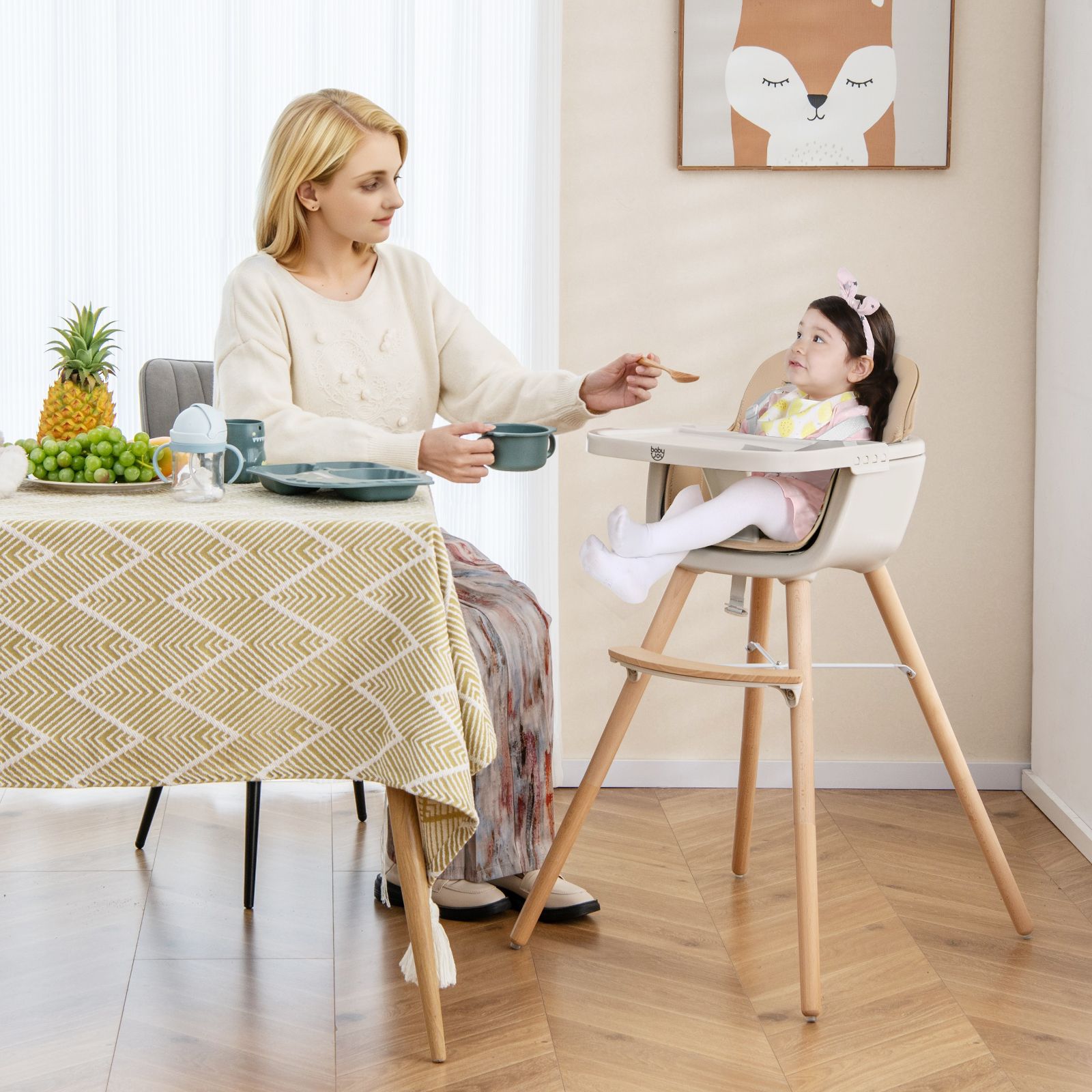 6-in-1 Convertible Wooden Highchair, Safety Harness and Adjustable Legs - Light Brown