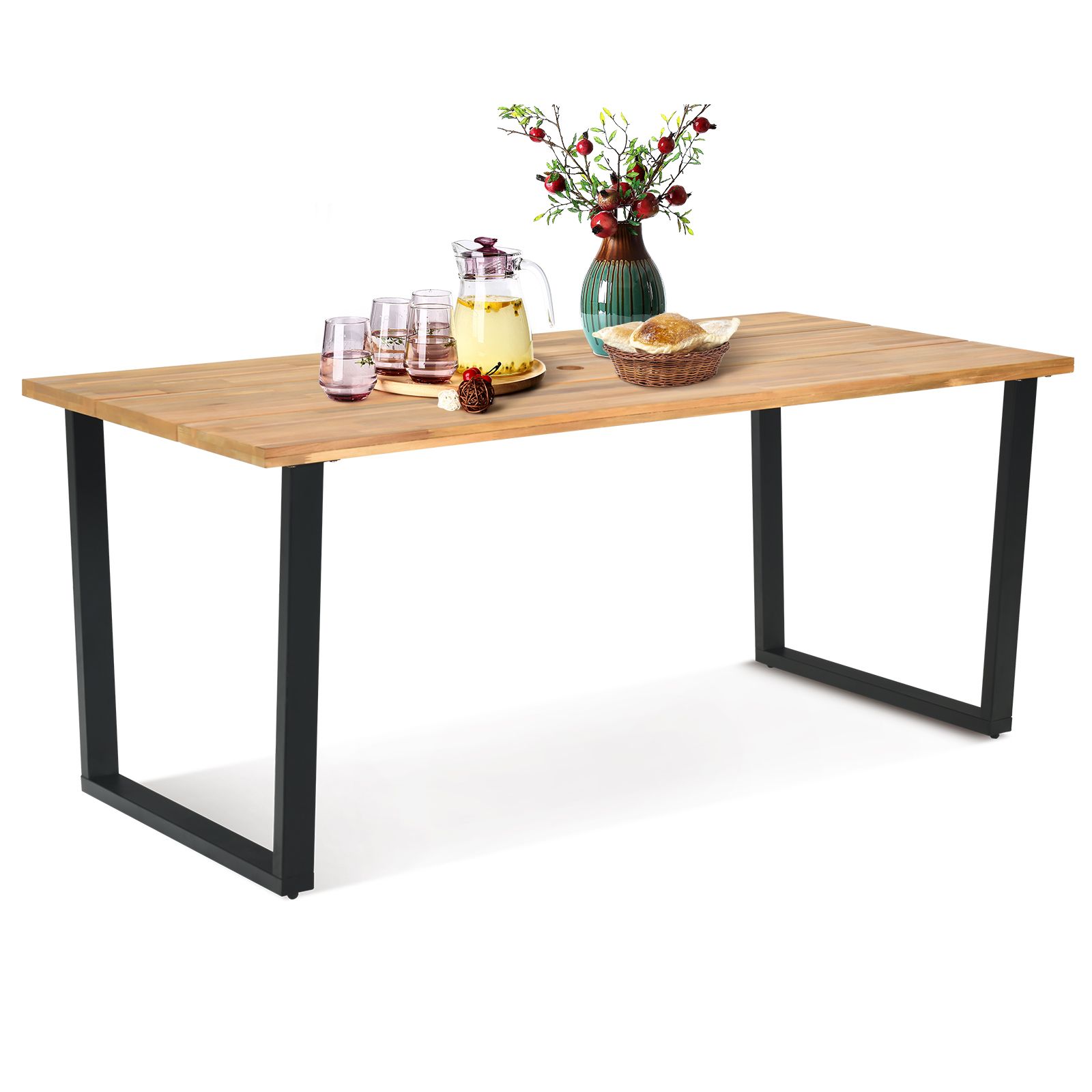 Table de salle à manger d'extérieur en bois d'acacia pour 6 personnes, trou pour parasol de 5 cm