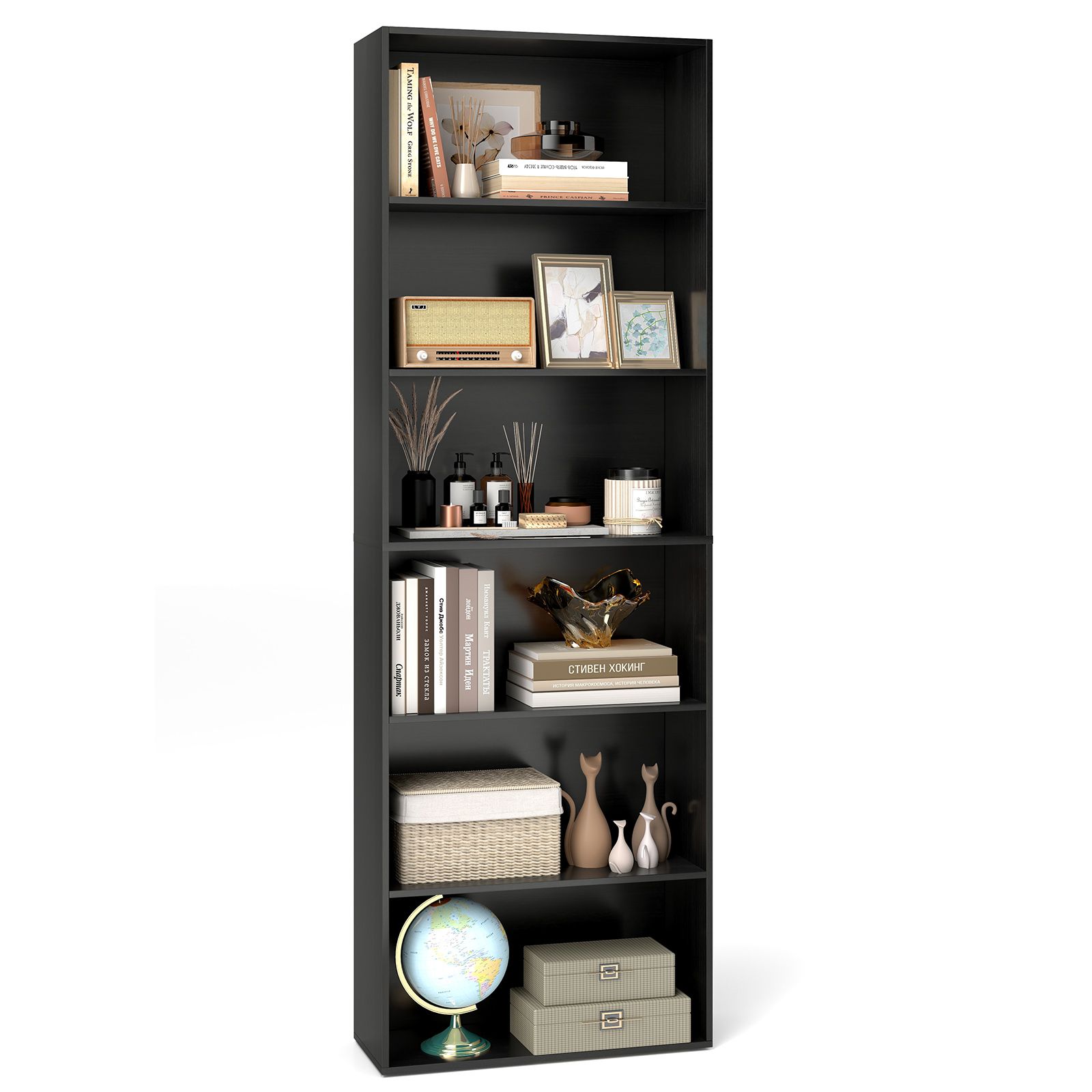 6-Tier Bookcase, 6 Open Shelves and Anti-Toppling Kits - Black