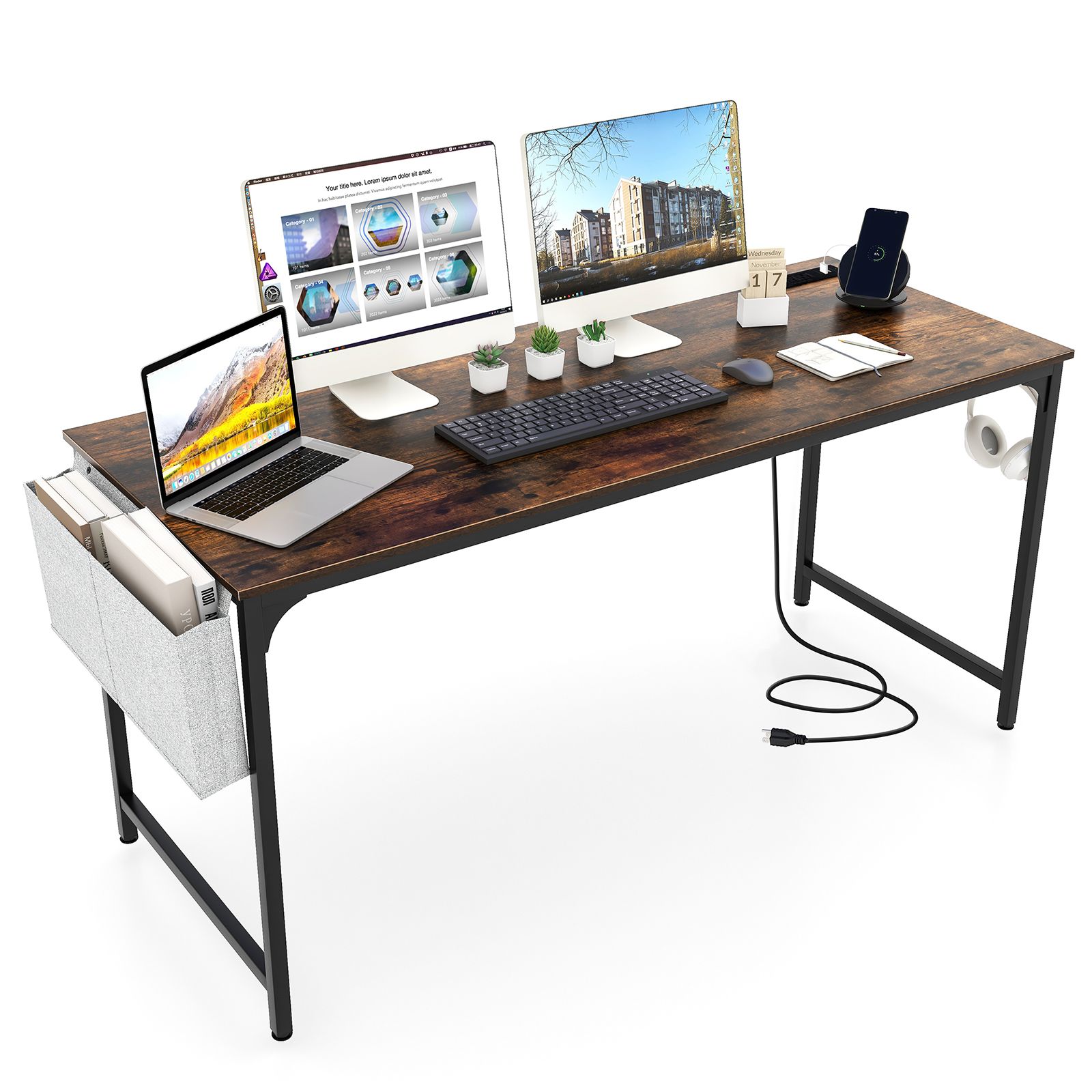 60" Computer Desk, Charging Station Storage Bag - Rustic Brown