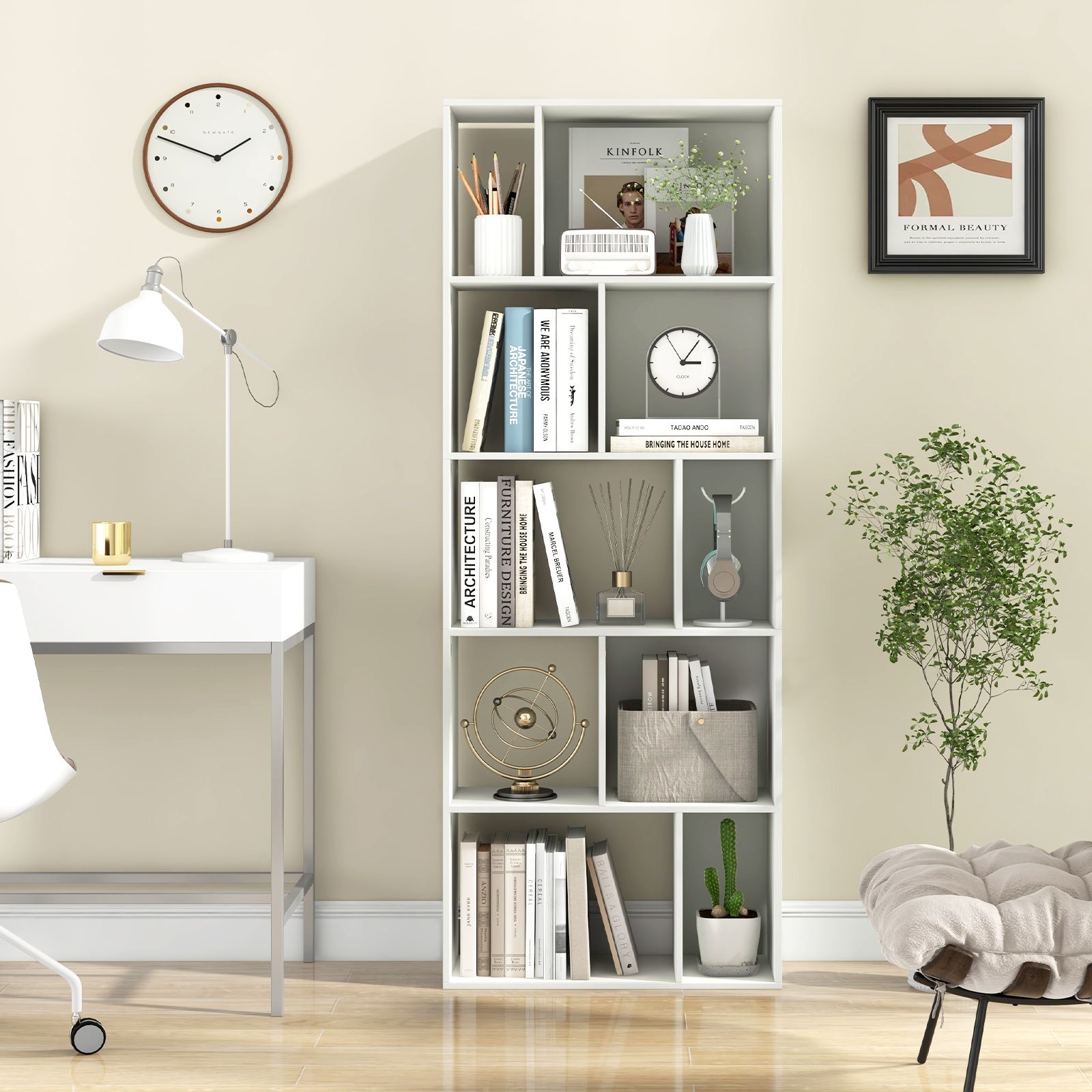 63" 5-Tier Geometric 10-Cube Bookshelf Tall Bookcase - White
