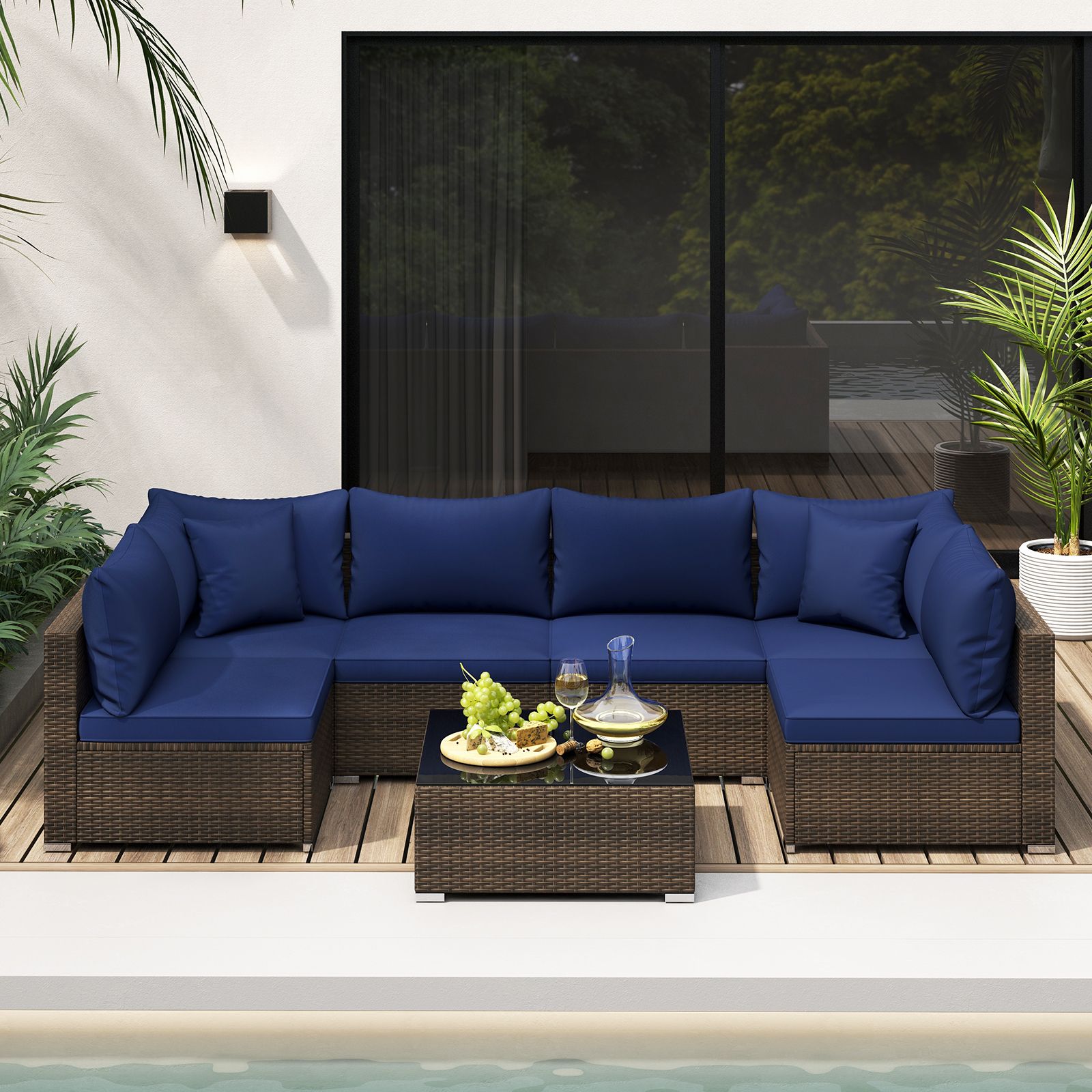 7-Piece Patio Rattan Furniture Set, Sectional Sofa Cushions - Navy