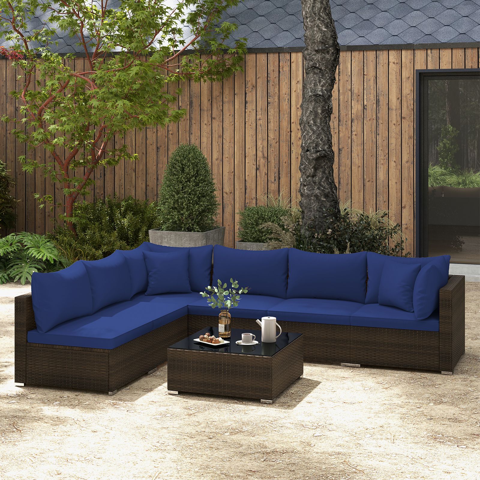7-Piece Patio Rattan Furniture Set, Sectional Sofa Cushions - Navy