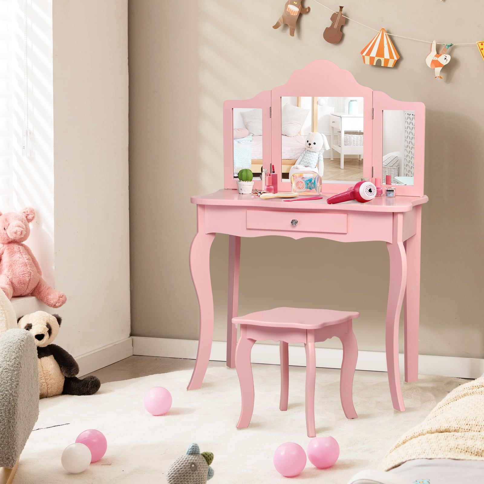 Kids Makeup Dressing Mirror Vanity Table Stool Set - Pink