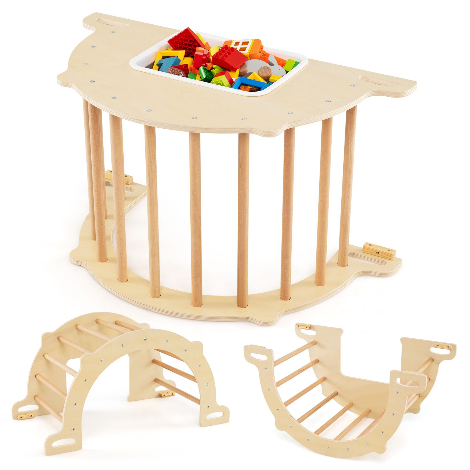 8 in 1 Climbing Arch Sensory Table for Kids, Collapsible Storage Bin for 3+ Years Old - Natural