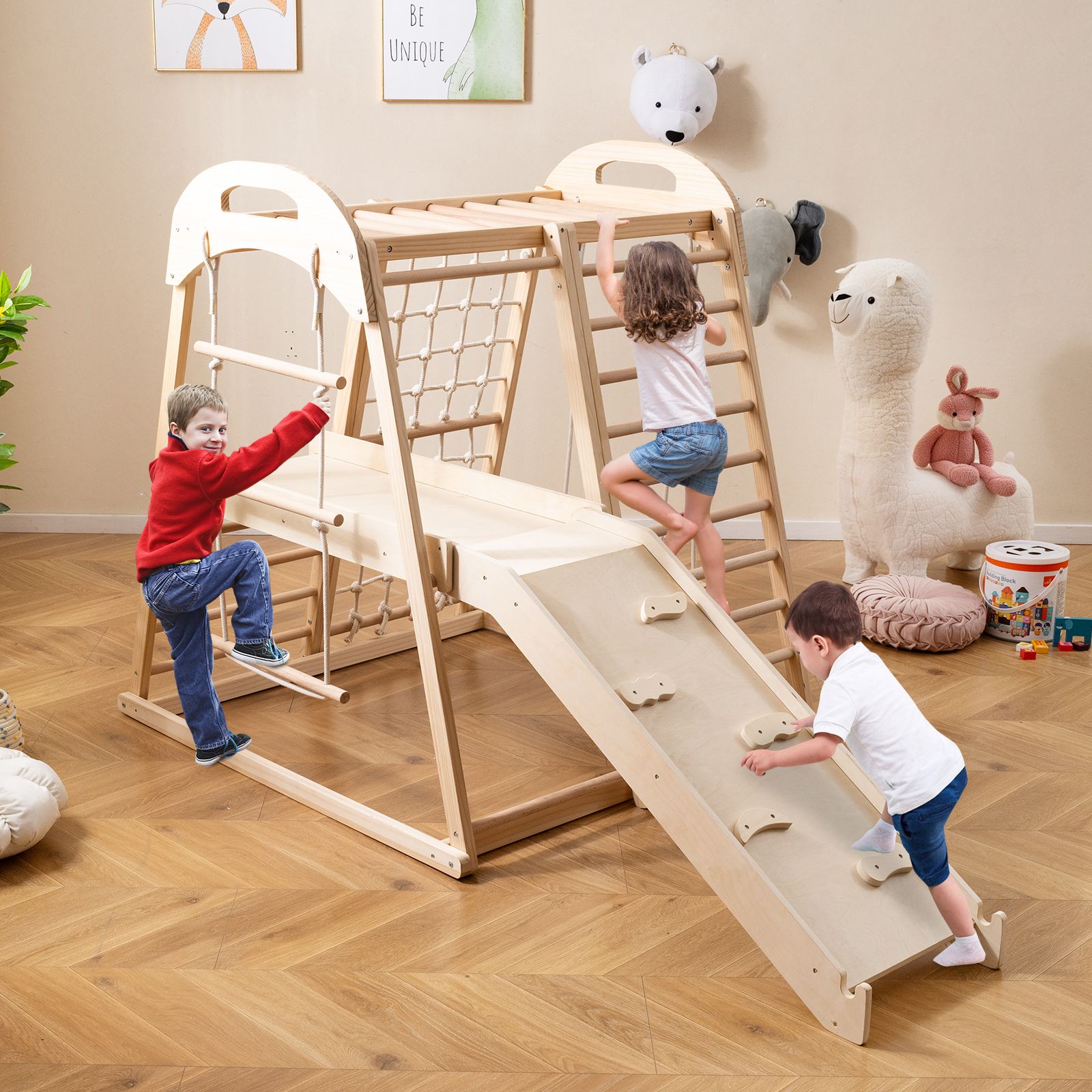 8-in-1 Jungle Gym Wooden Montessori Climber Playset, Slide and Monkey Bar for Kids 3-5 Years Old - Natural