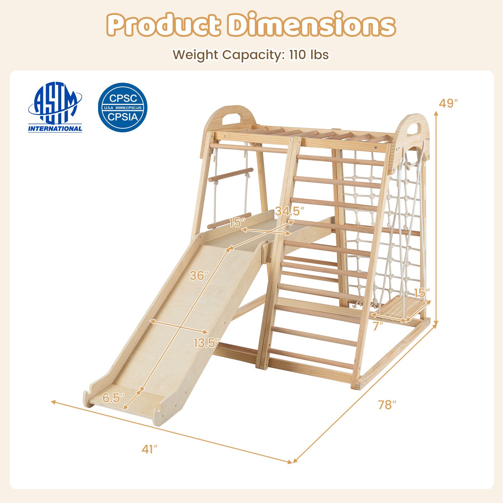 Structure d'escalade Montessori en bois 8 en 1, toboggan et barres de singe pour enfants de 3 à 5 ans - Naturel
