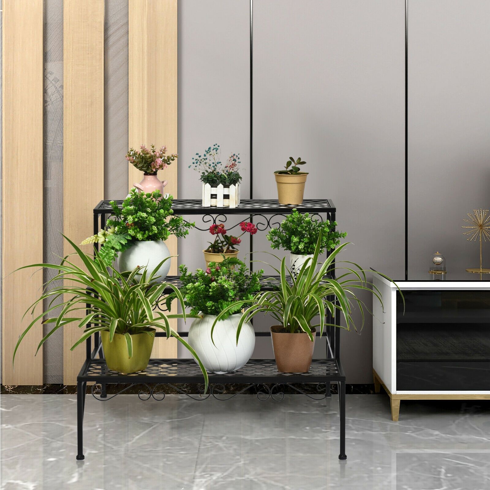 Support décoratif à 3 niveaux en métal pour plantes