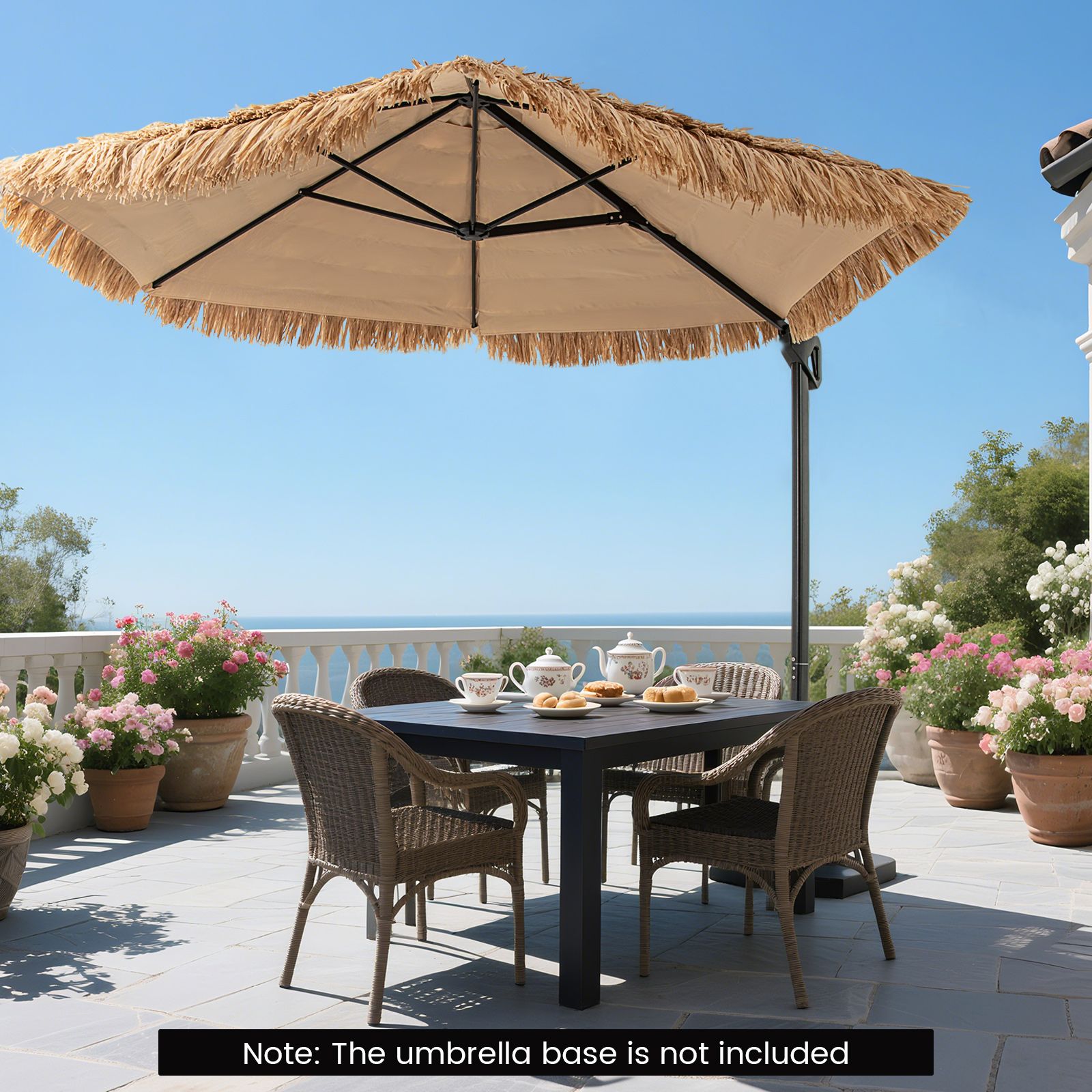 Parasol de terrasse à bras articulé Tiki de 9,5 pieds, style hawaïen, à fixation décalée - Naturel