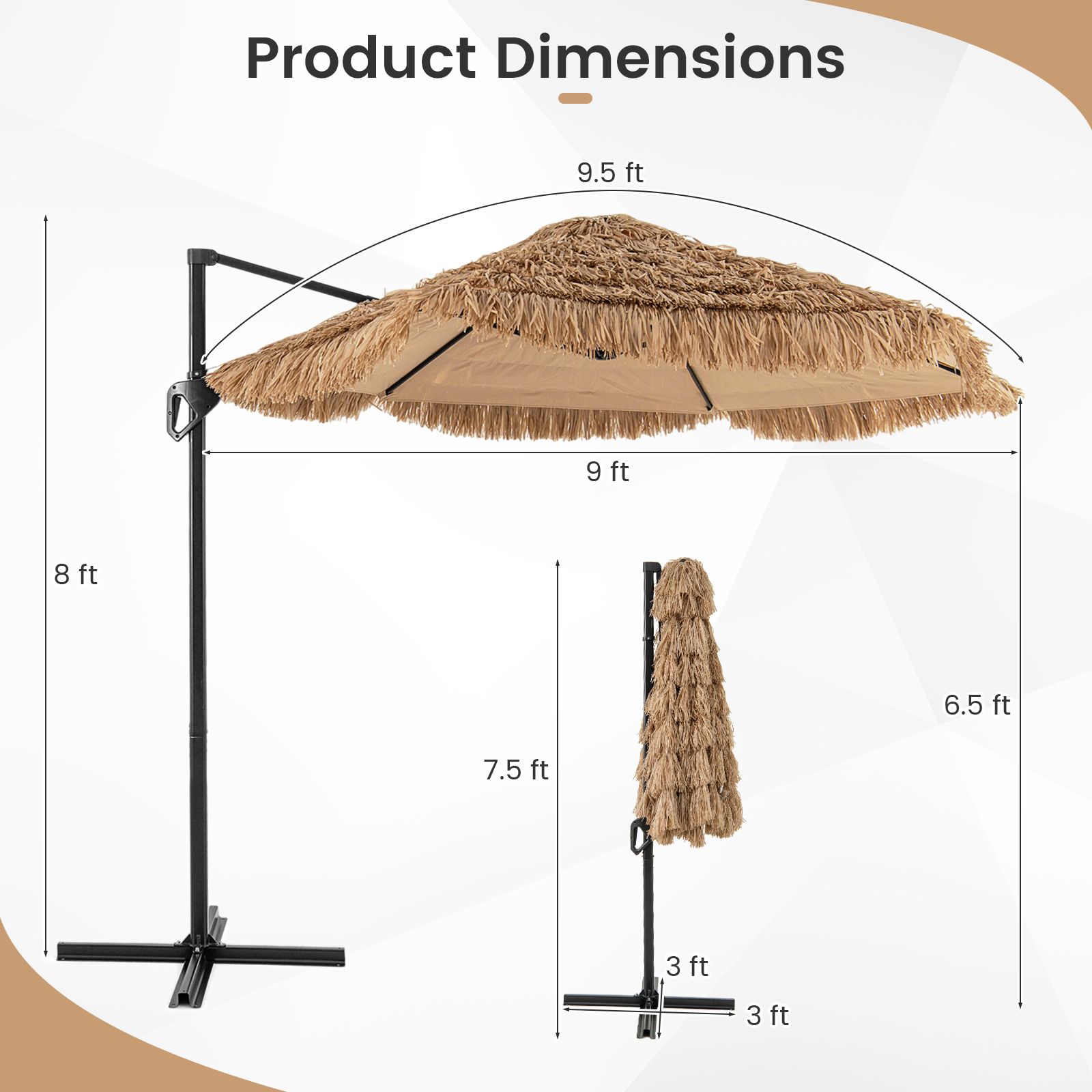 Parasol de terrasse à bras articulé Tiki de 9,5 pieds, style hawaïen, à fixation décalée - Naturel