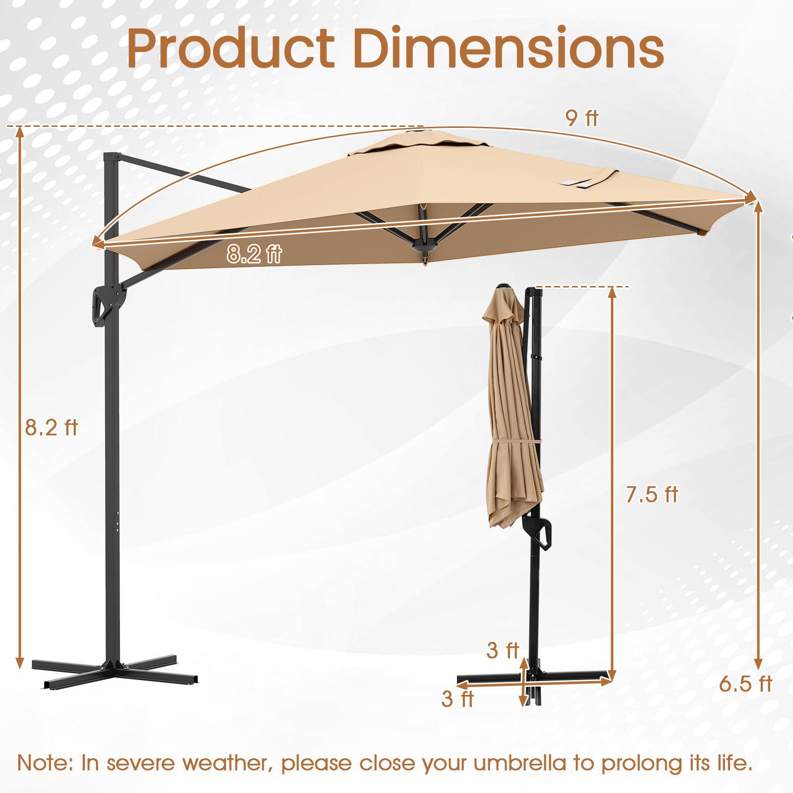 Parasol de terrasse à bras libre 2,7 m, partie supérieure ventilée et toile protection solaire