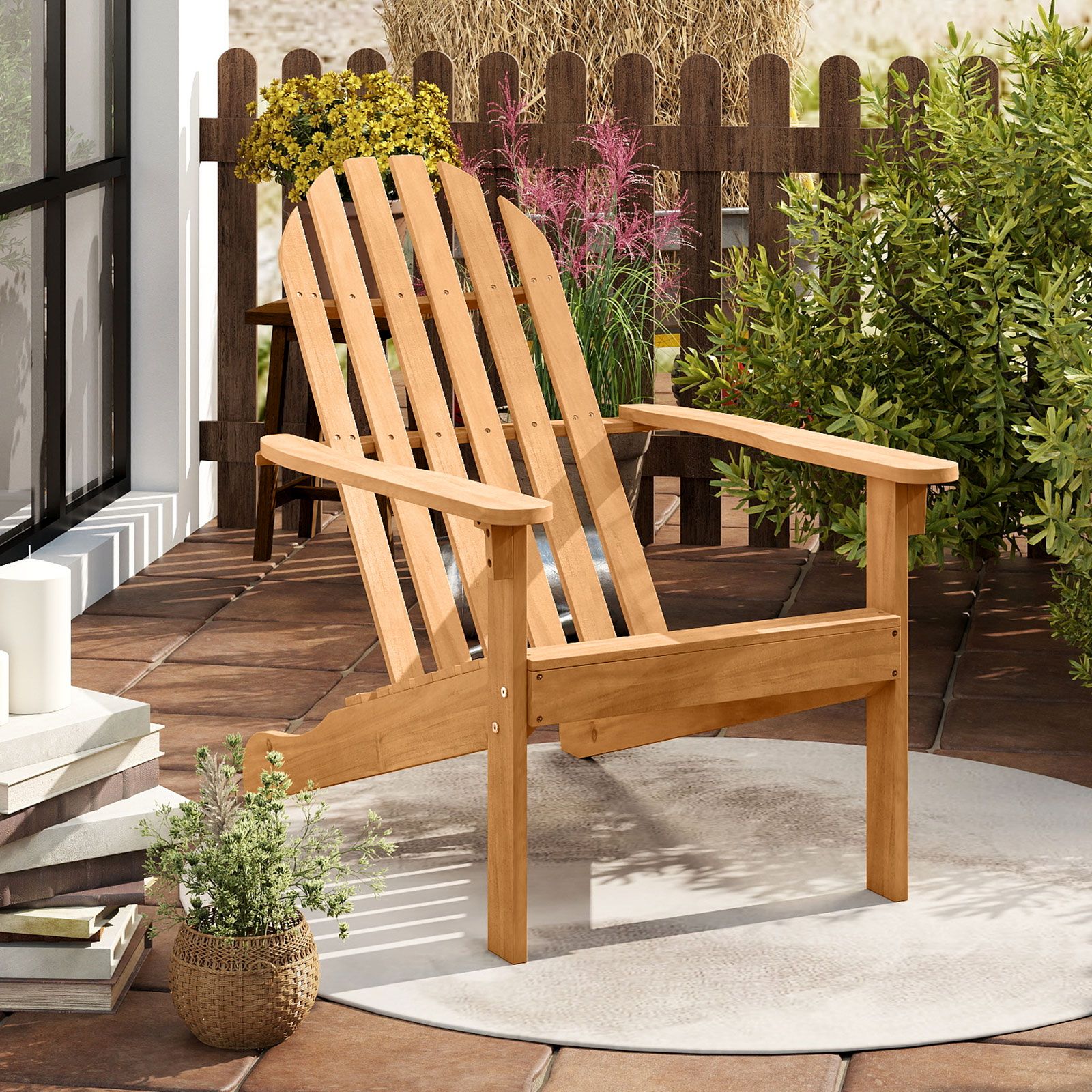 Acacia Wood Patio Adirondack Chair, Inclined Seat and High Backrest for Porch Poolside - Natural