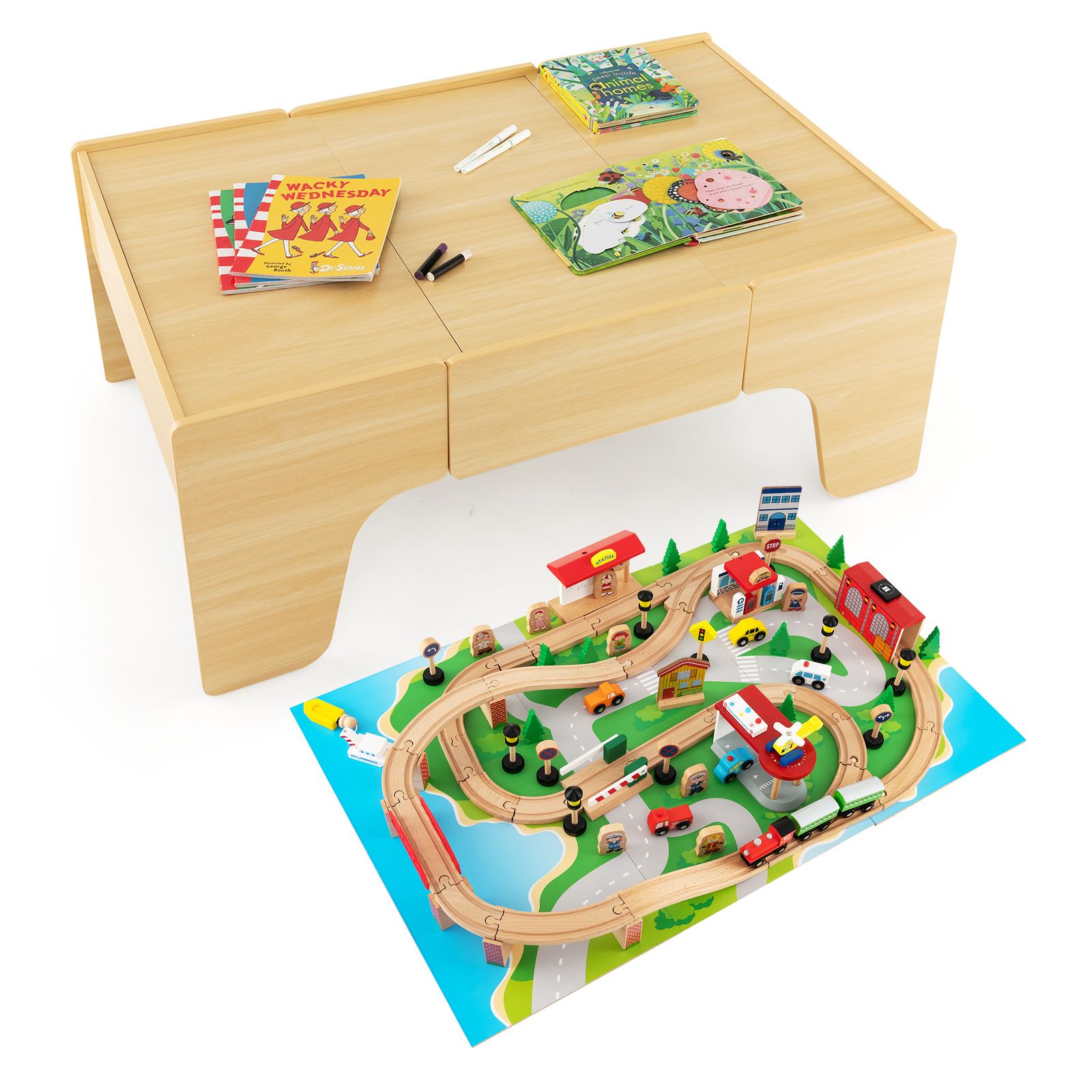 84-Piece Wooden Train Set, Reversible and Detachable Tabletop