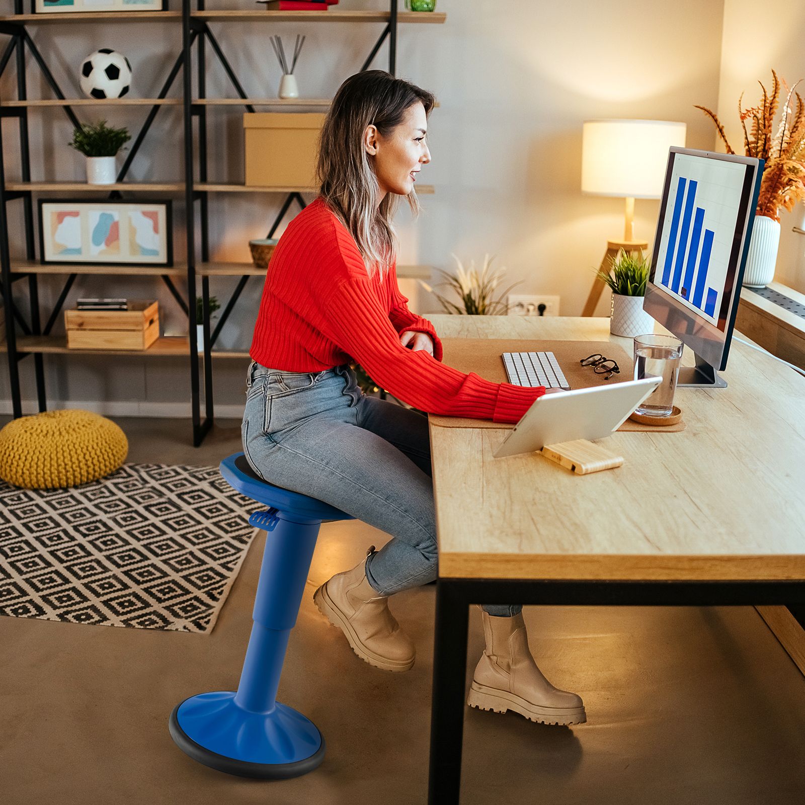Adjustable-Height Wobble Chair Active Learning Stool, For Office Stand Up Desk - Navy
