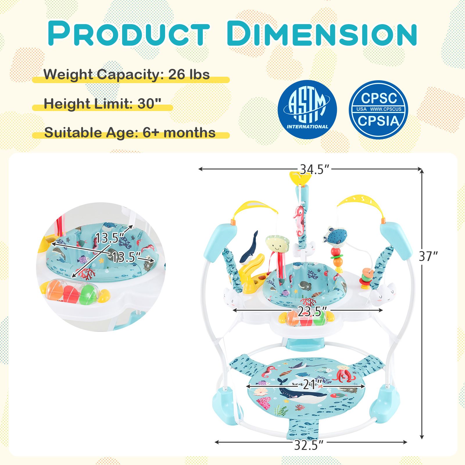 Baby Activity Center Height Adjustable Bouncing Saucer, Interactive Toys