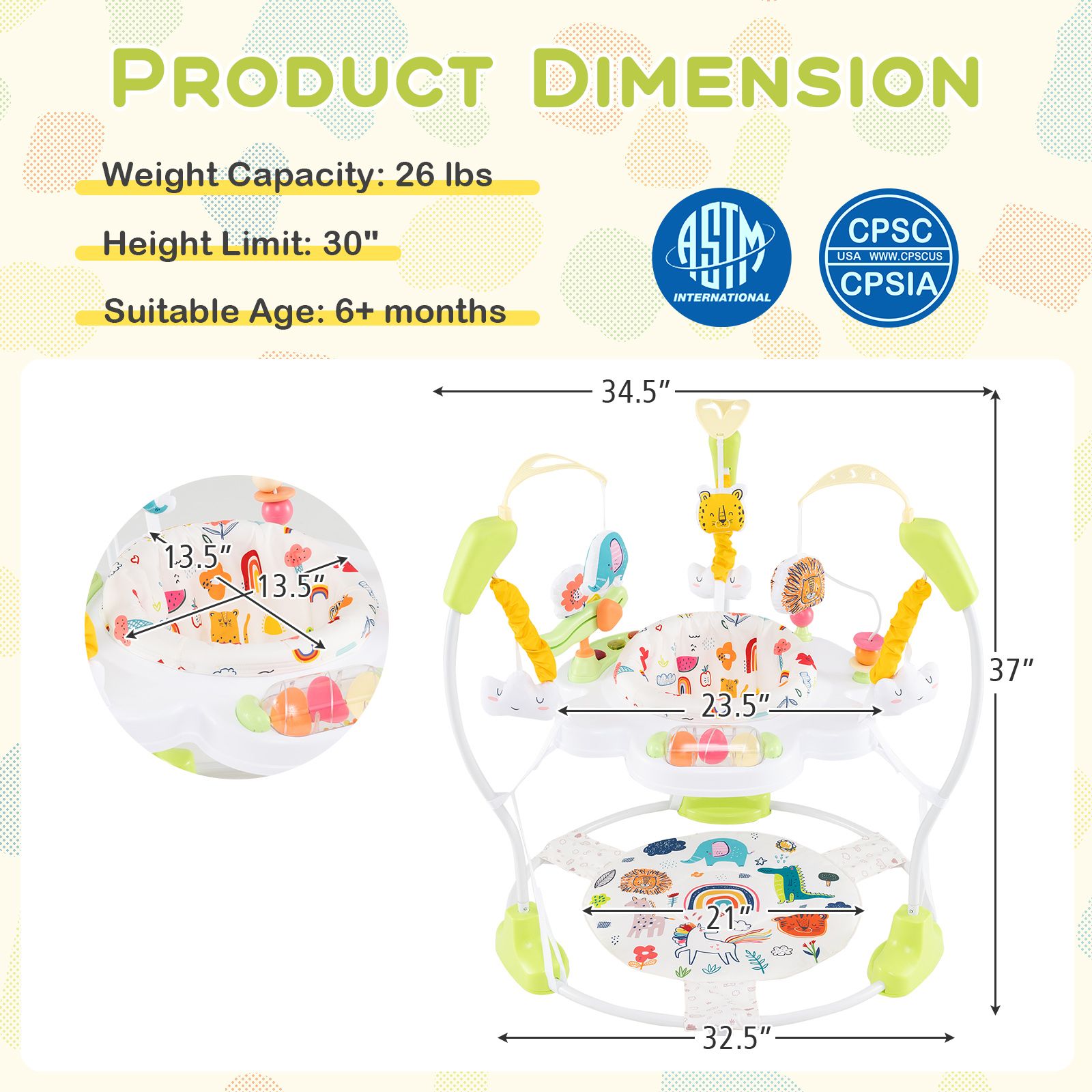 Baby Activity Center Height Adjustable Bouncing Saucer, Interactive Toys