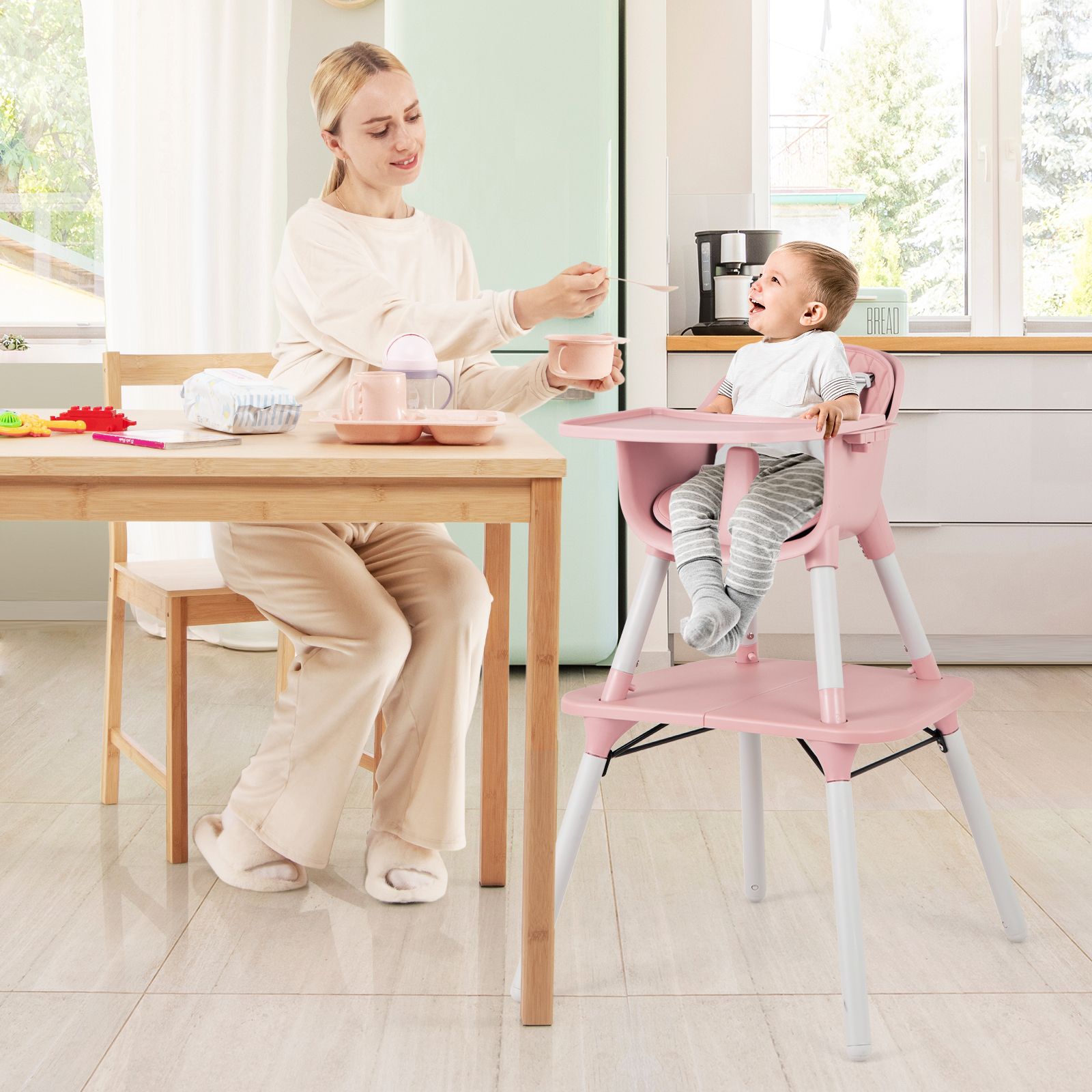 4-in-1 Baby Convertible Toddler Table Chair Set, PU Cushion