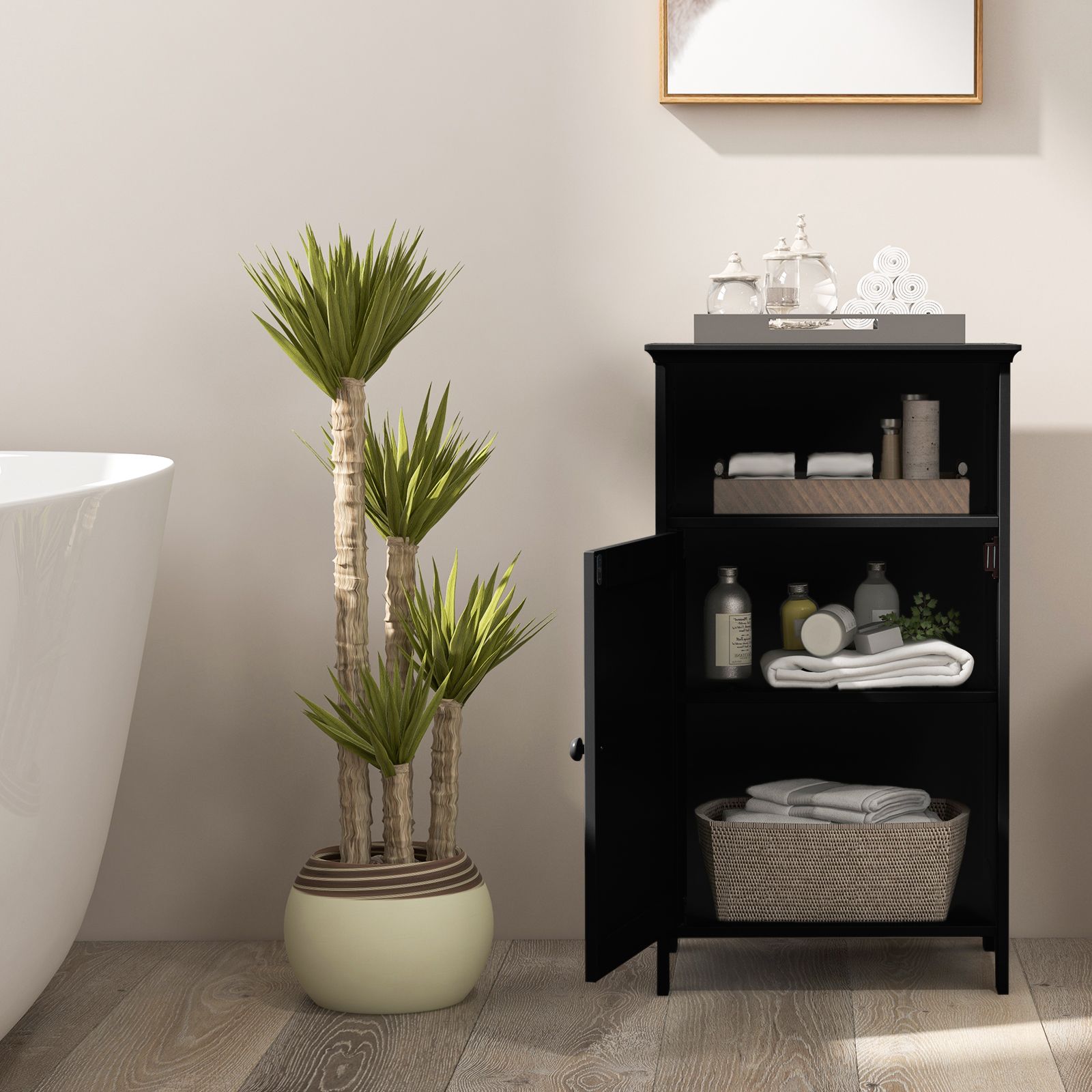 Bathroom Freestanding Floor Storage Cabinet, Adjustable Shelf - Black