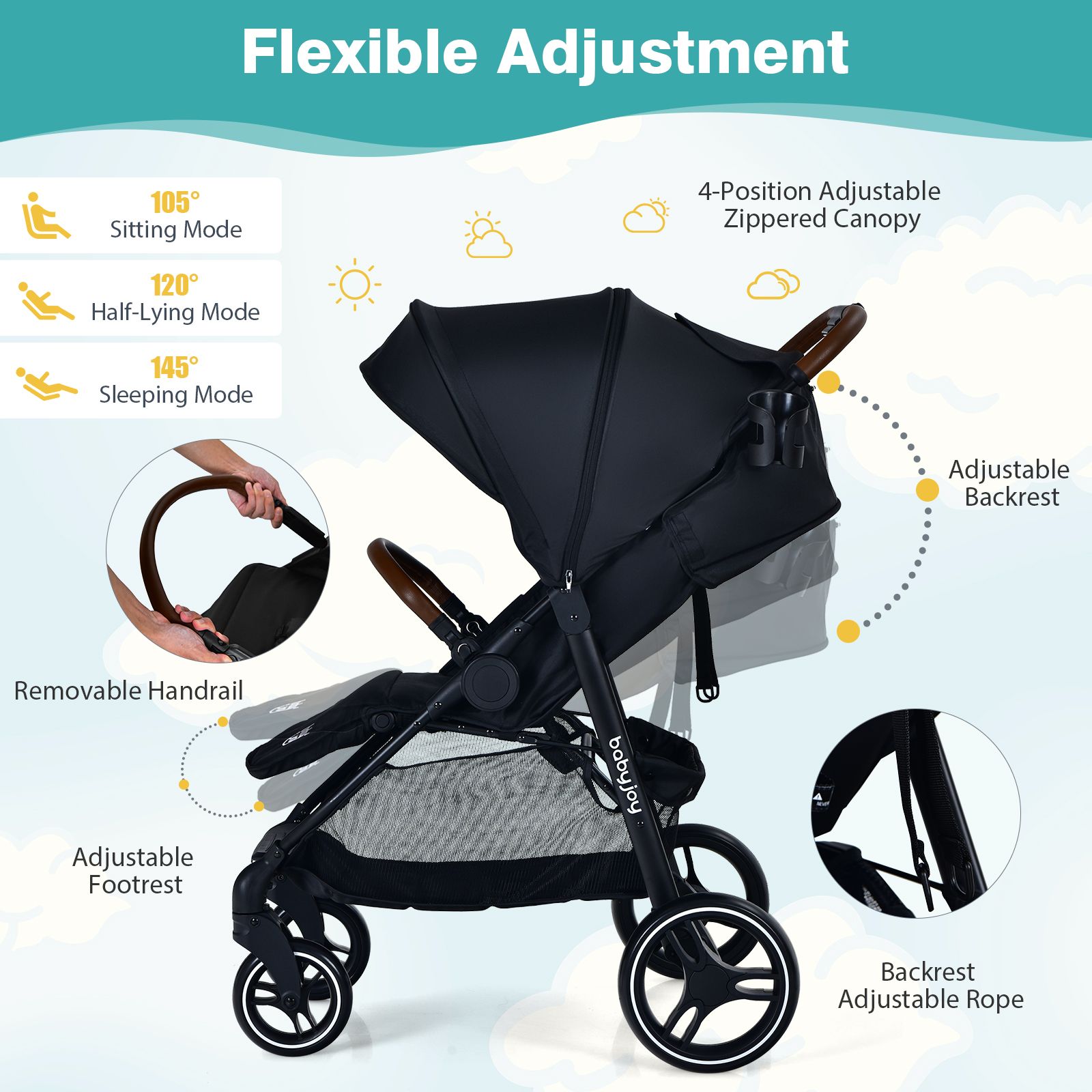5-Point Harness Lightweight Infant Stroller, Foot Cover and Adjustable Backrest - Black