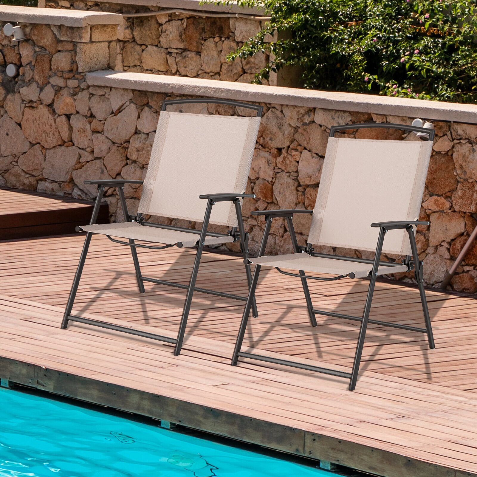 Ensemble de 2 chaises de jardin, accoudoirs et structure en acier antirouille - Beige