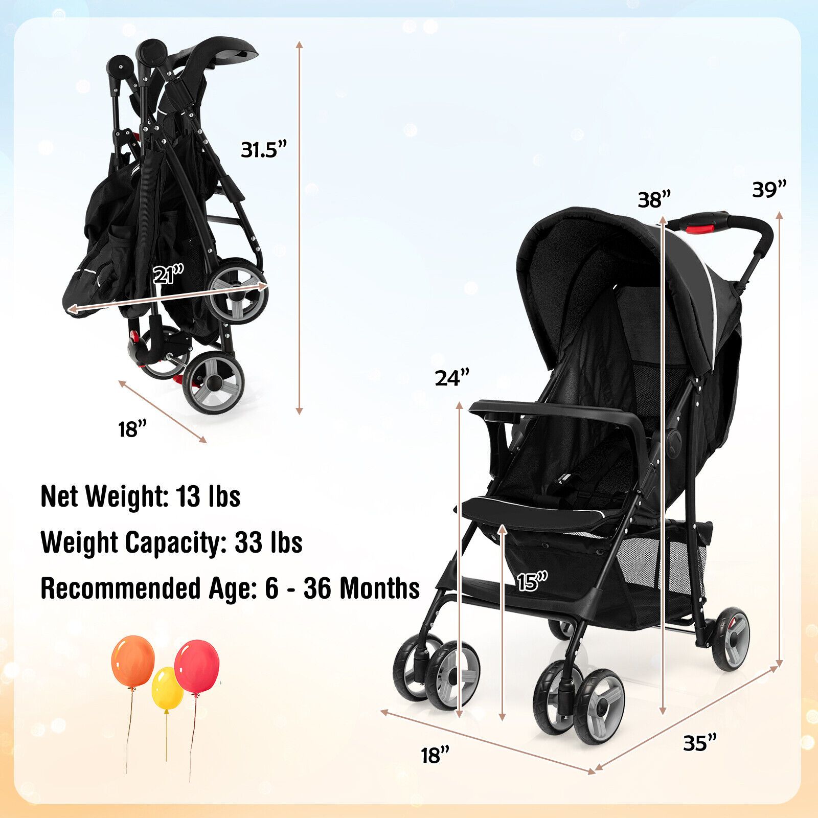 Toddler Travel Stroller for Airplane, Canopy and Adjustable Backrest