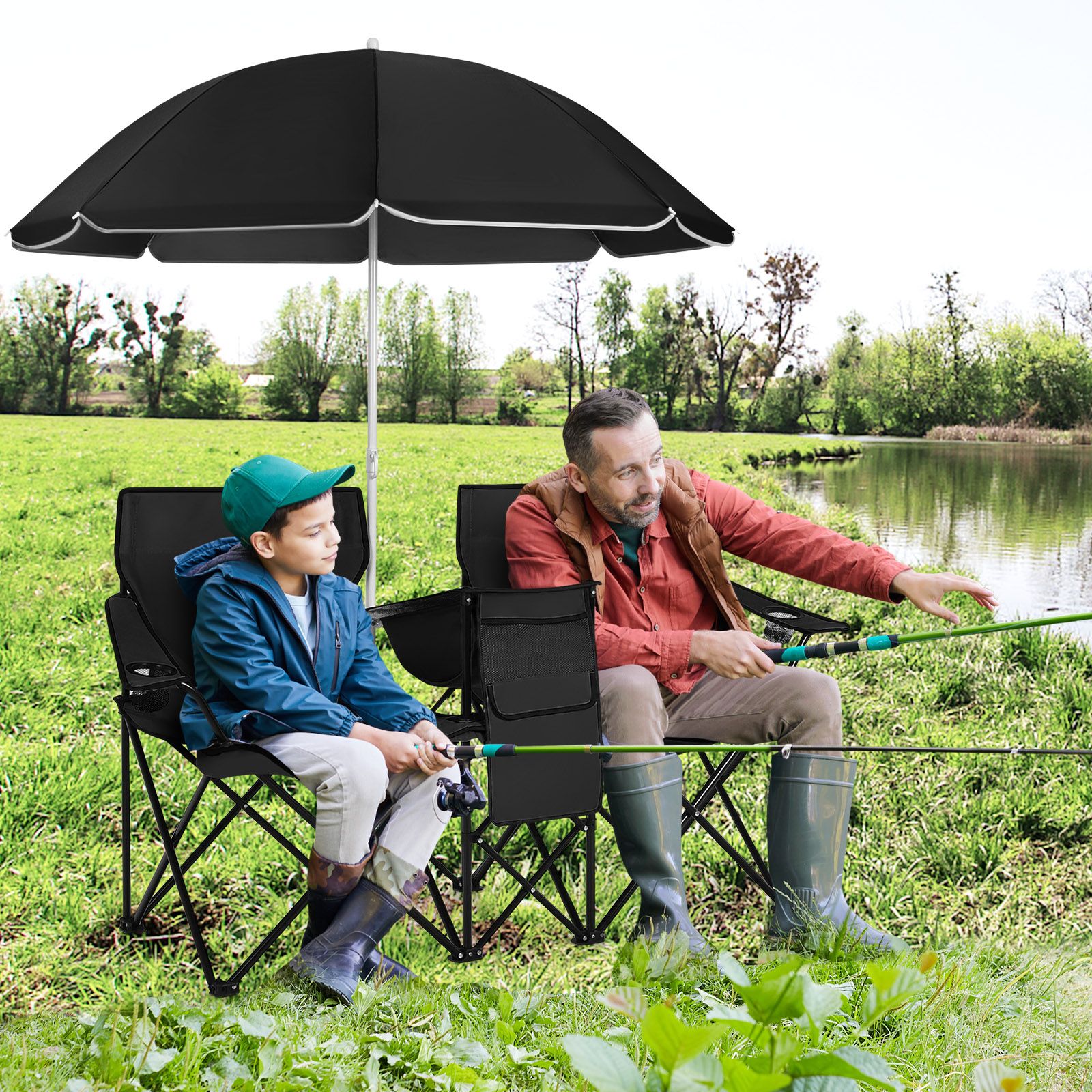 Portable Folding Picnic Double Chair, Umbrella