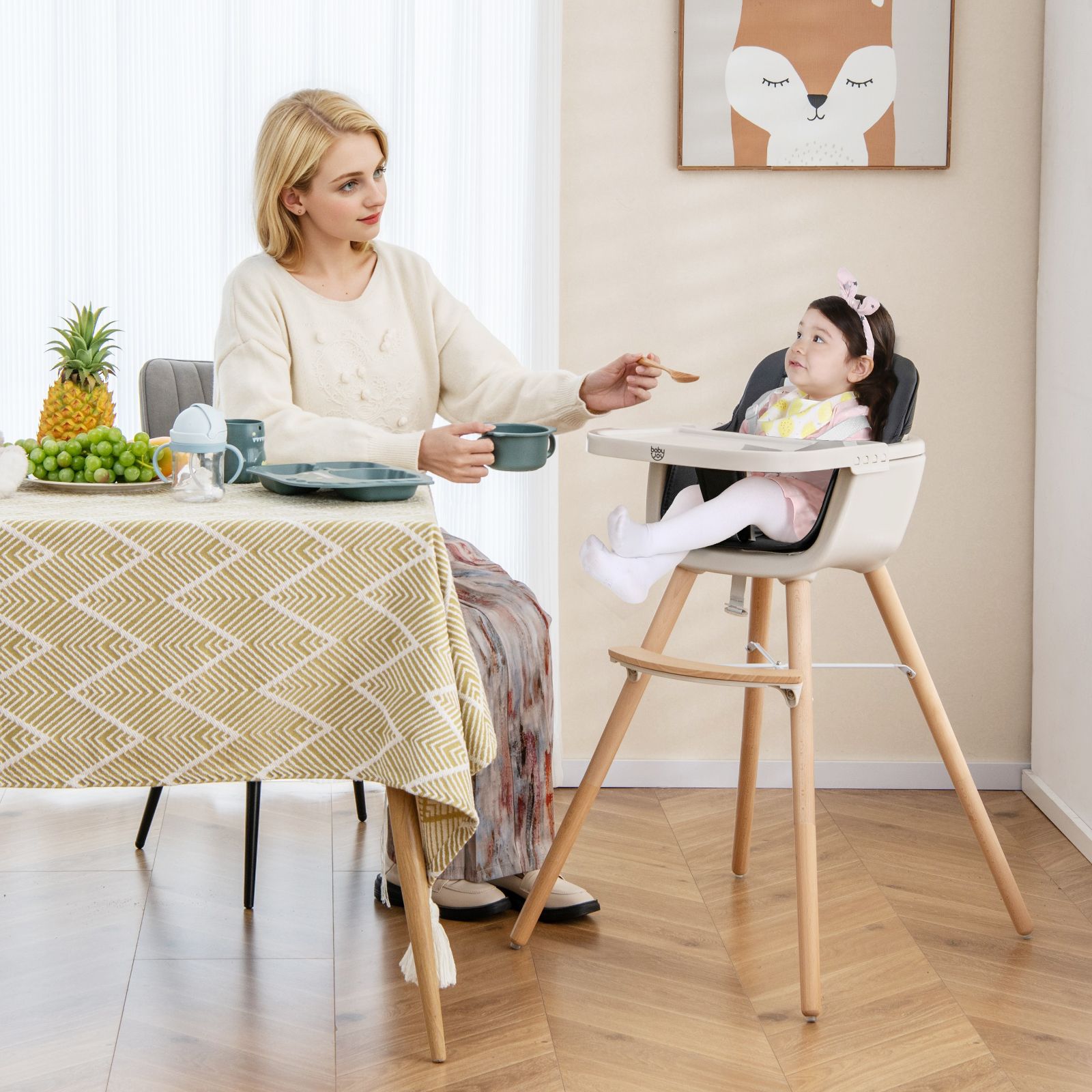 3-in-1 Convertible Wooden High Chair, Cushion - Black