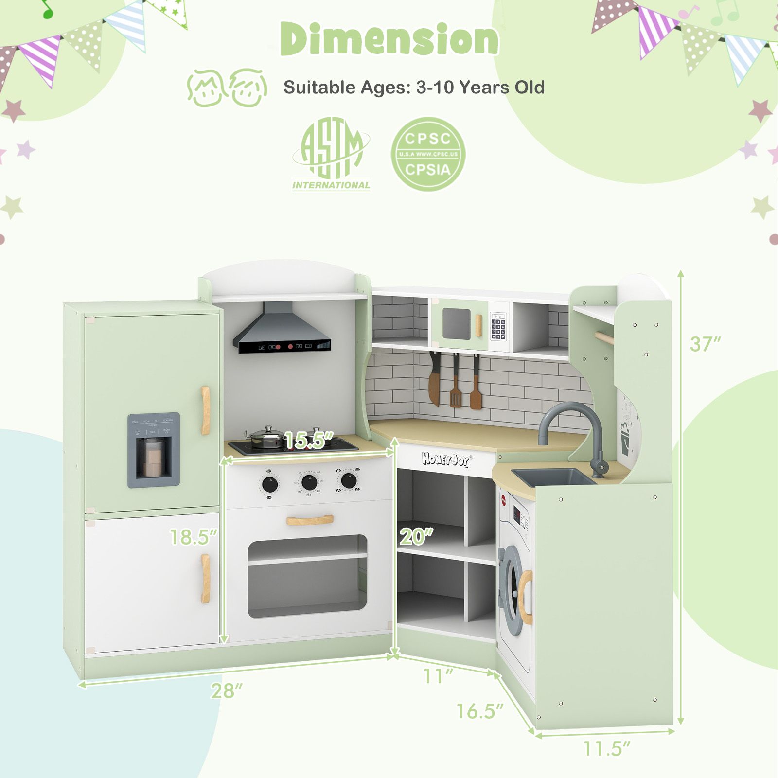 Cuisine d'angle pour enfants, lave-linge et machine à glaçons, Cadeau pour garçons et filles - Vert