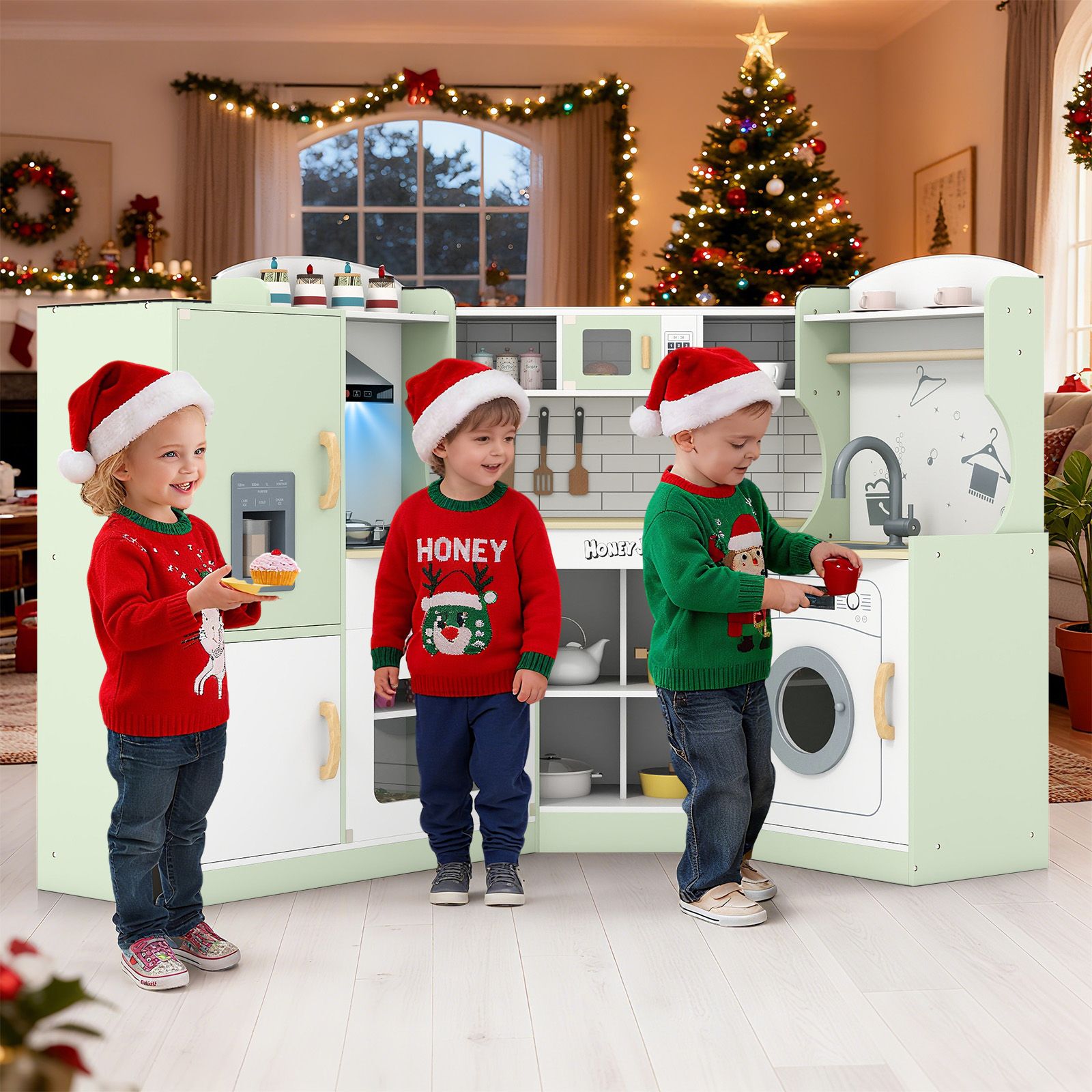 Cuisine d'angle pour enfants, lave-linge et machine à glaçons, Cadeau pour garçons et filles - Vert