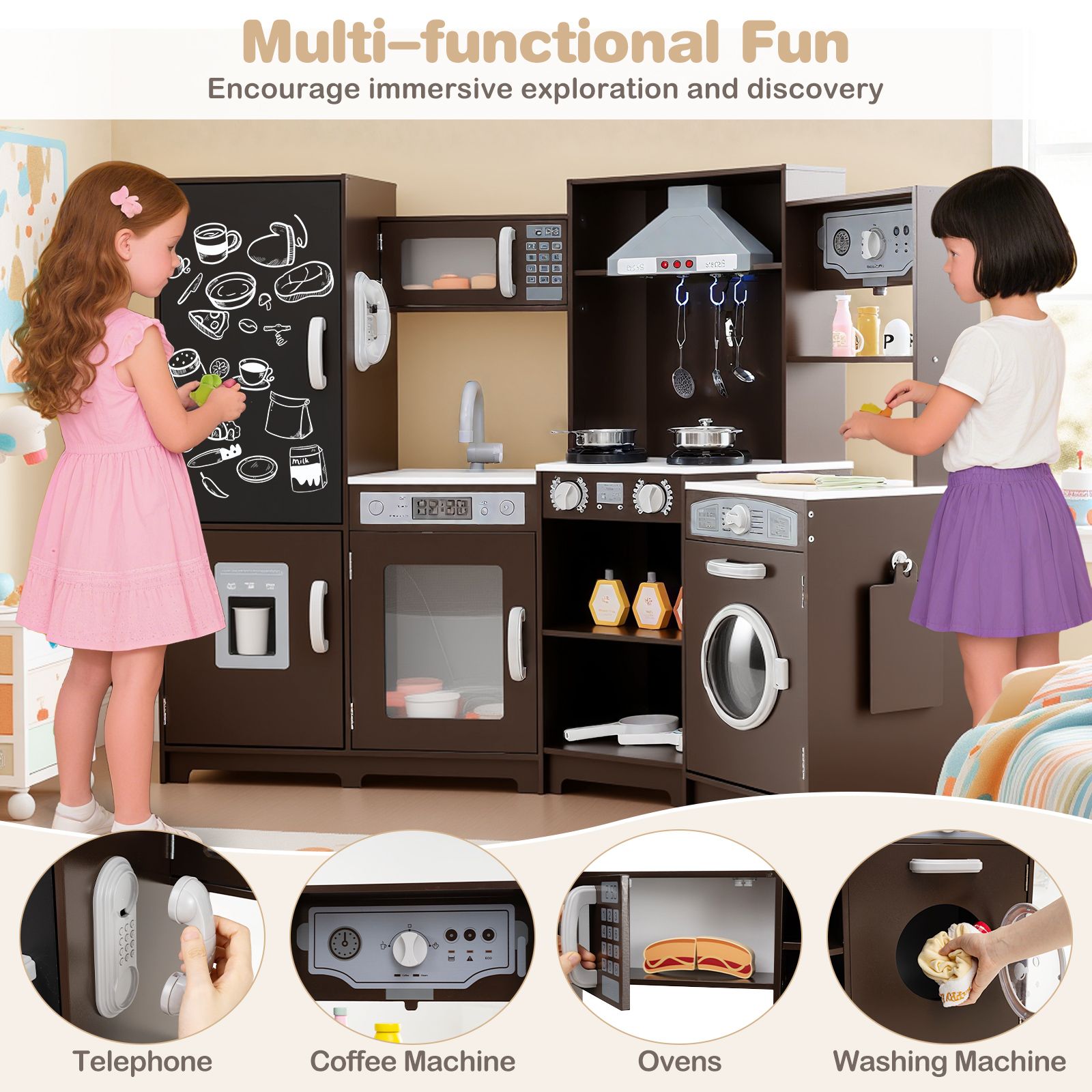 Corner Wooden Play Kitchen, Lights and Sounds Large Pretend Play Kitchen Set - Espresso