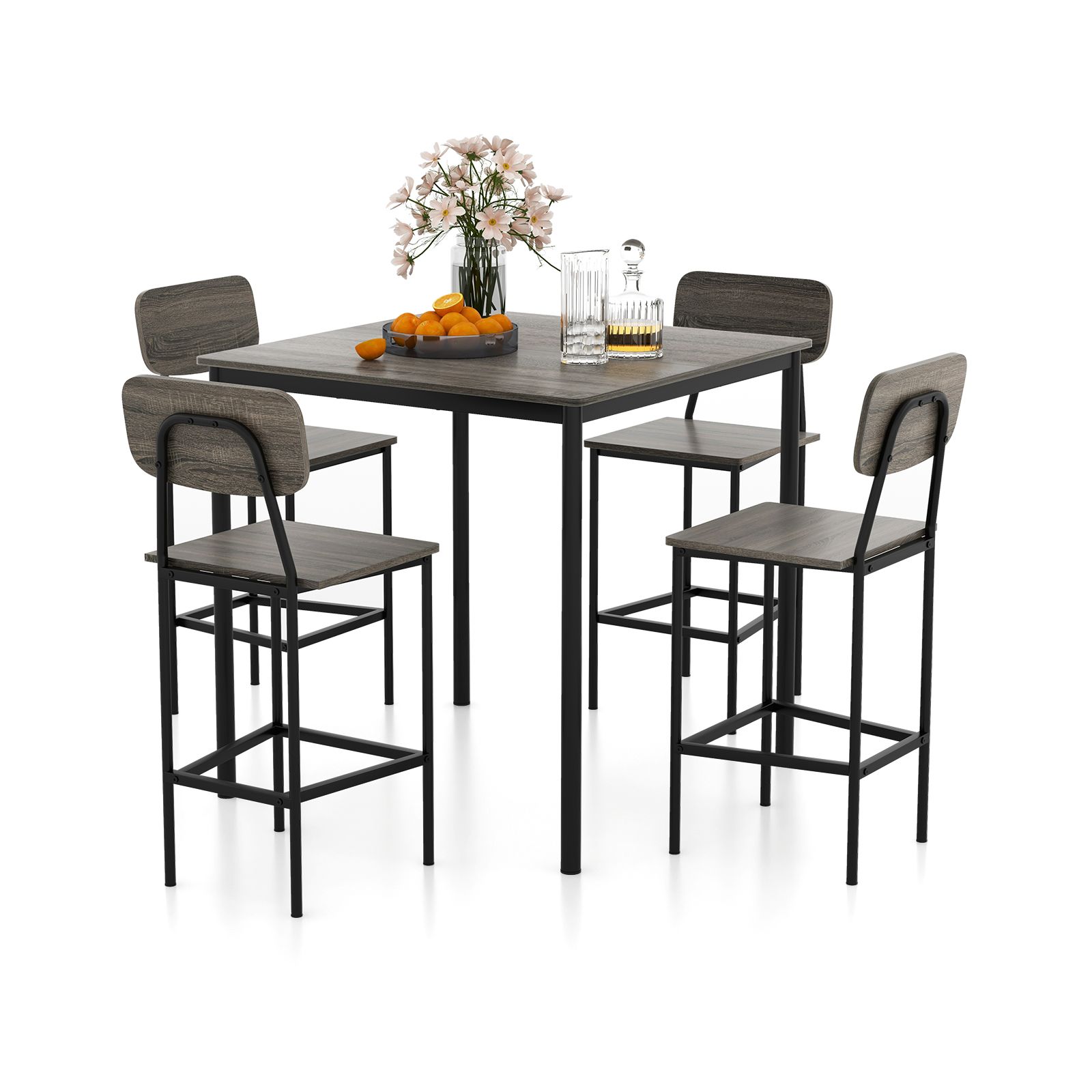 5-Piece Counter-Height Dining Bar Table Set, 4 Bar Chairs - Gray