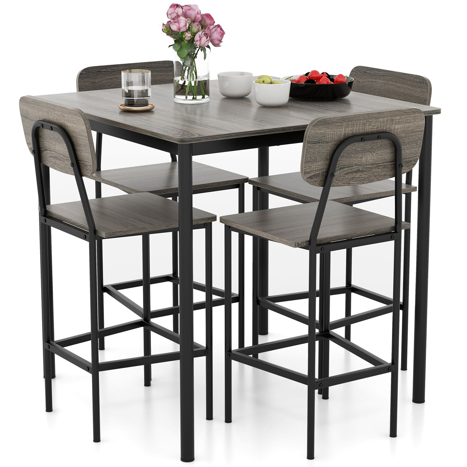 5-Piece Counter-Height Dining Bar Table Set, 4 Bar Chairs - Gray