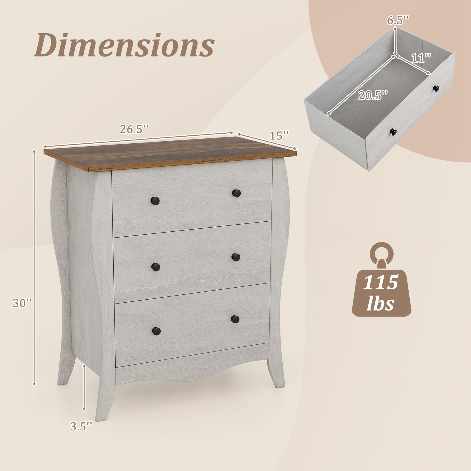 Dresser for Bedroom, 3 Folding Fabric Drawers and Anti-tipping Kit - Gray