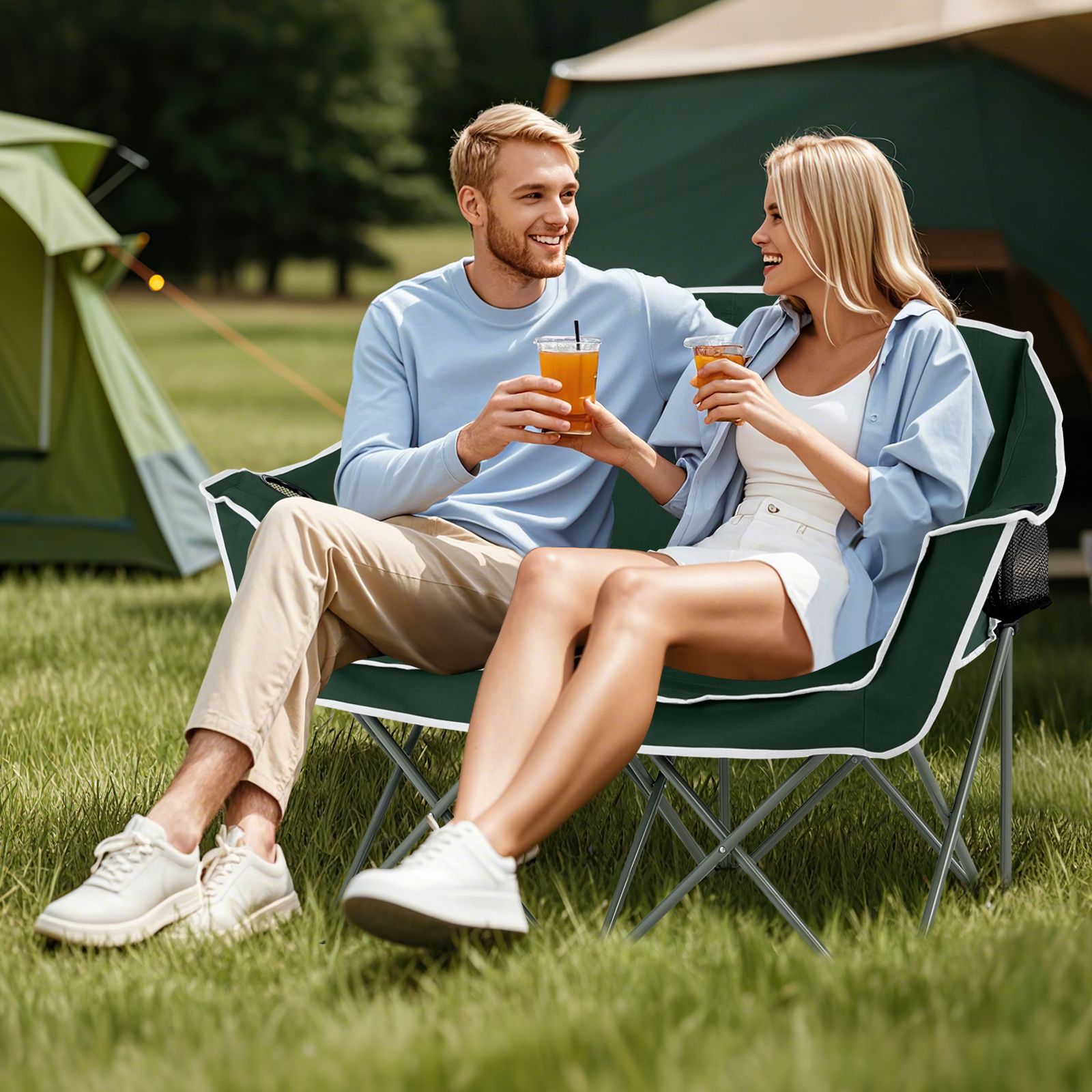 Duo Camping Chair Portable Oversized Loveseat, Armrests and Cup Holders - Green