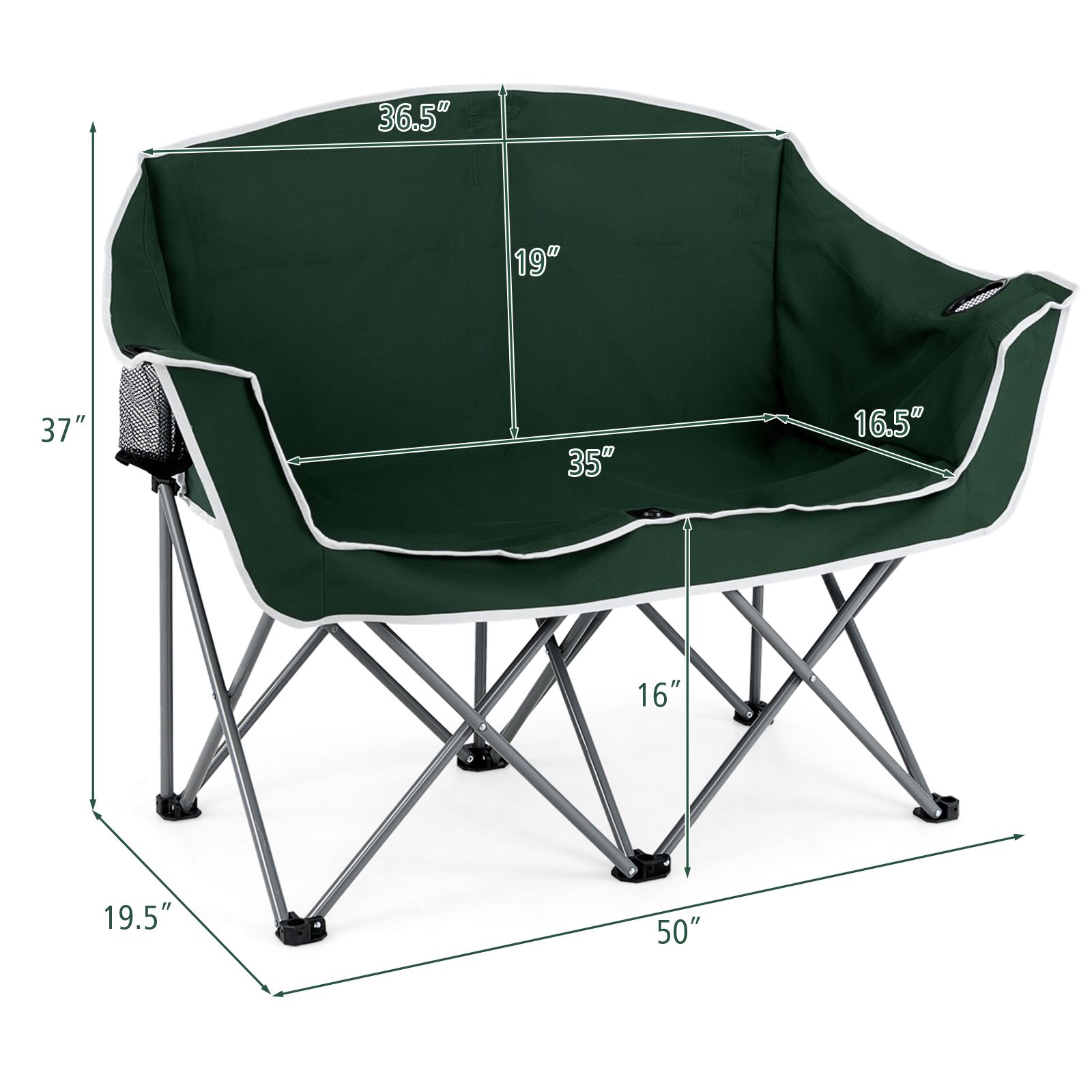 Duo Camping Chair Portable Oversized Loveseat, Armrests and Cup Holders - Green
