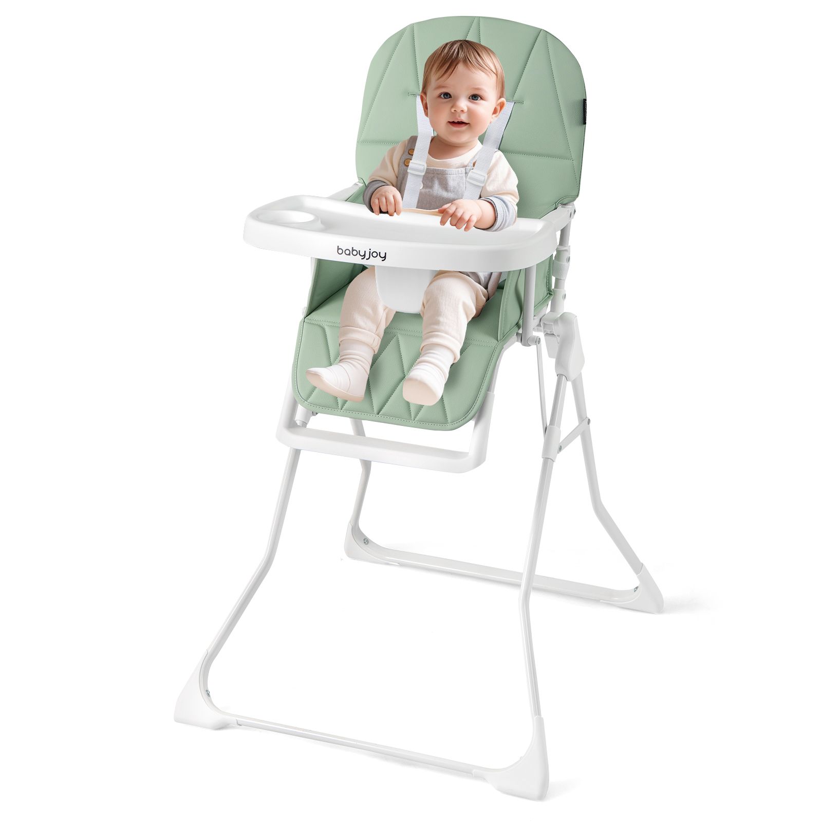 Chaise haute compacte facile à nettoyer, plateau amovible et réglable et coussin d'assise en PU - Vert