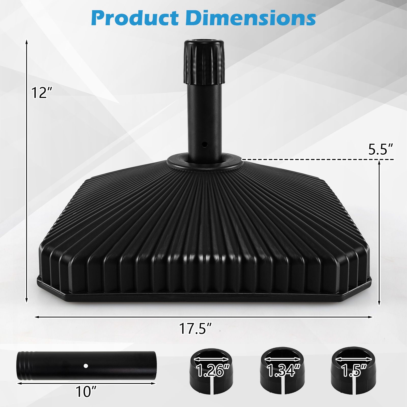 Socle de parasol remplissable, texture coquillage et 3 tailles d'adaptateurs - Noir