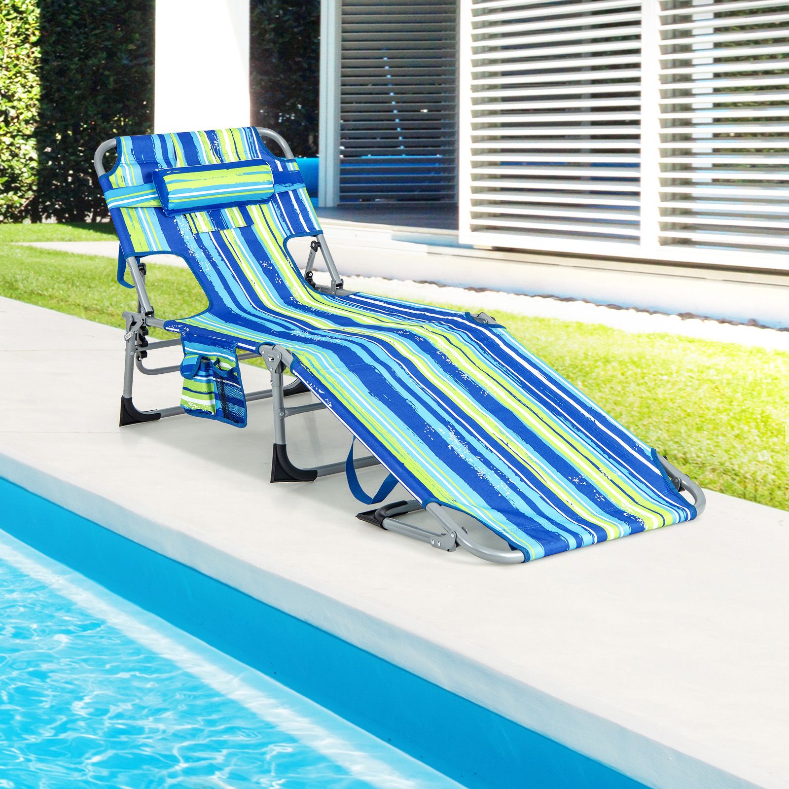 Folding Beach Lounge Chair, Pillow for Outdoor