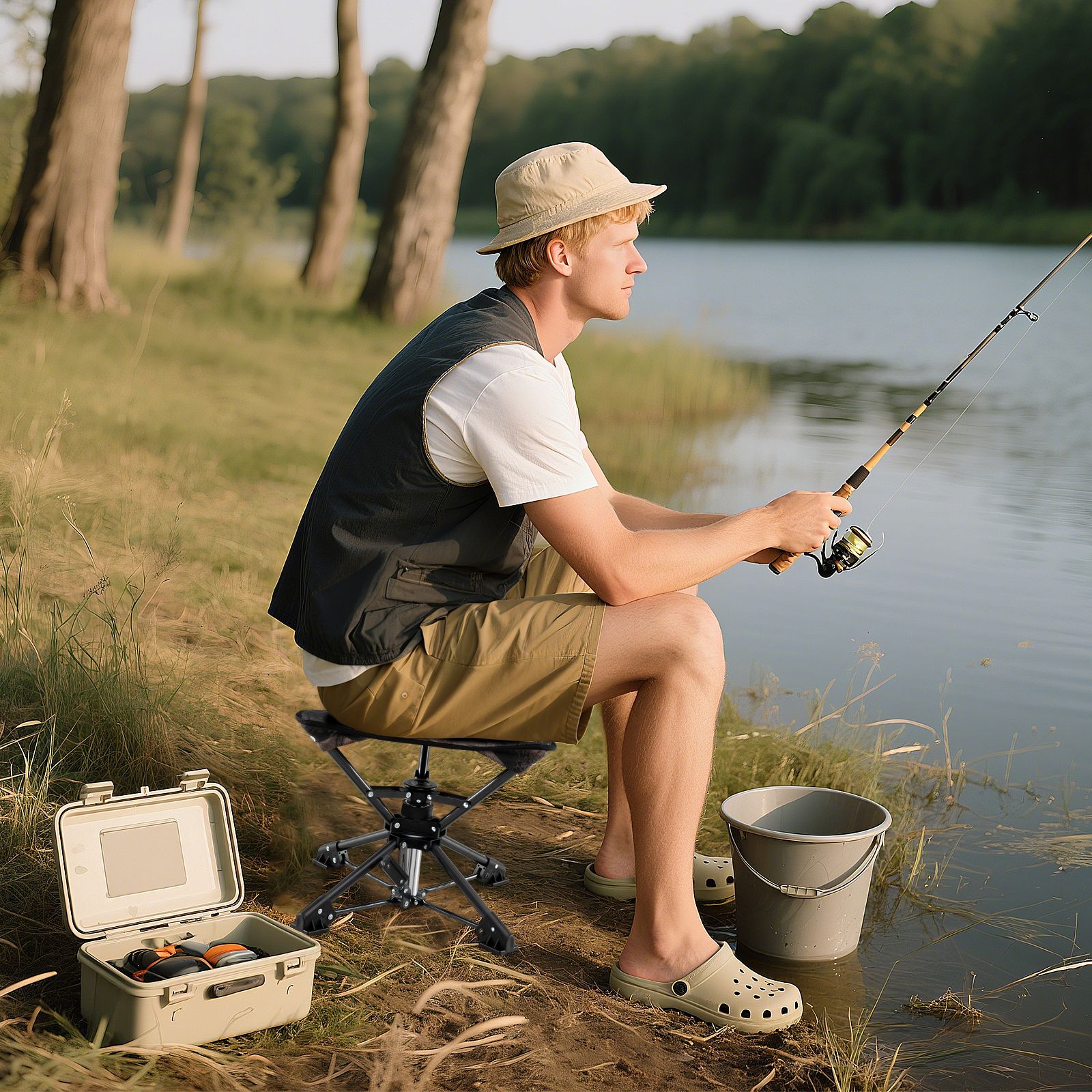 Tabouret de camping pliable, chaise chasse pivotante à 360°, pieds anti-enfoncement