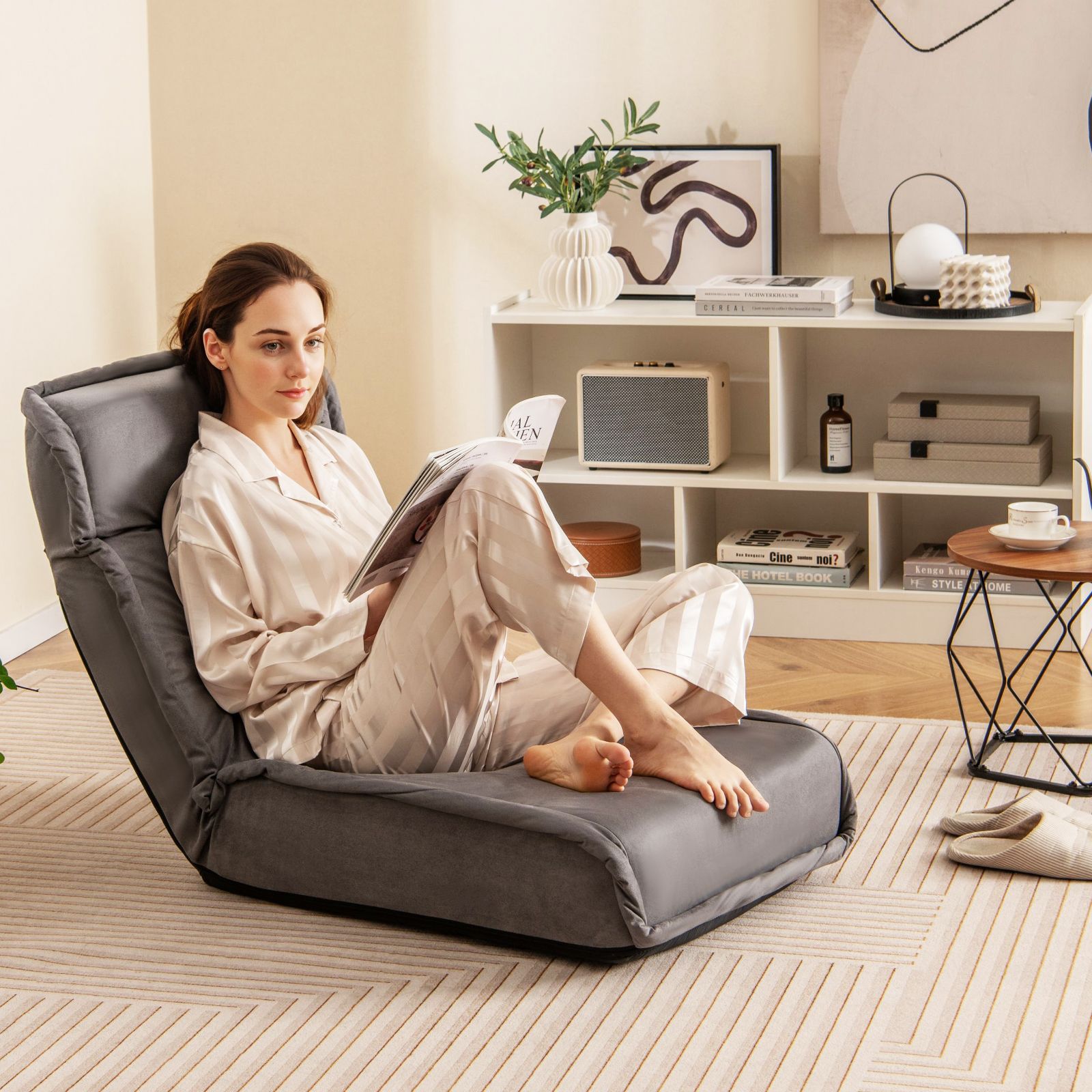 Fauteuil pliant de sol, fauteuil inclinable convertible, dossier réglable en 14 positions - Gris