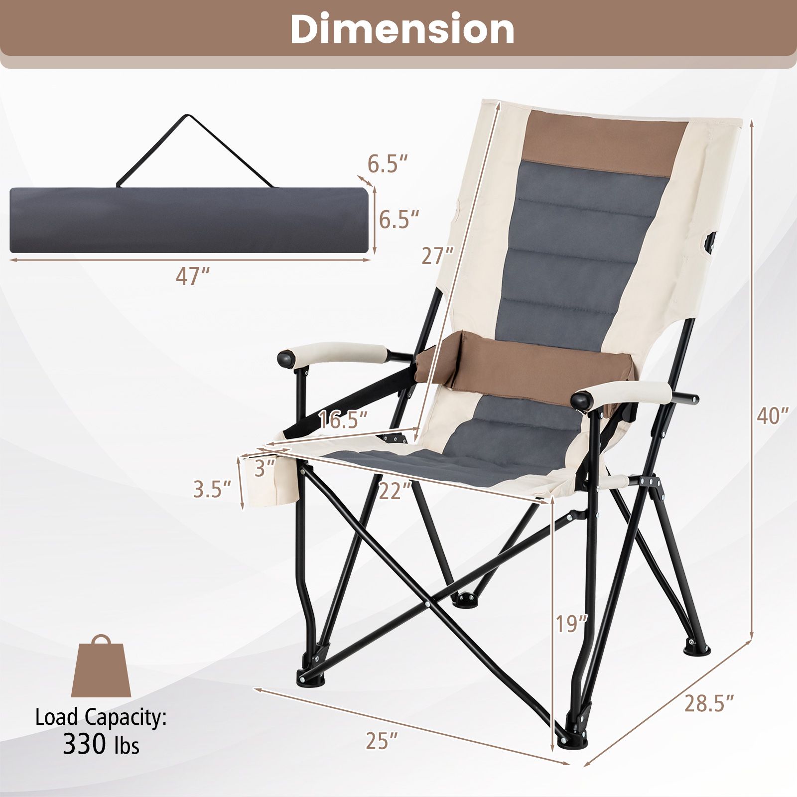 Folding Camping Chair, Cup Holder Armrest and Lumbar Pillow