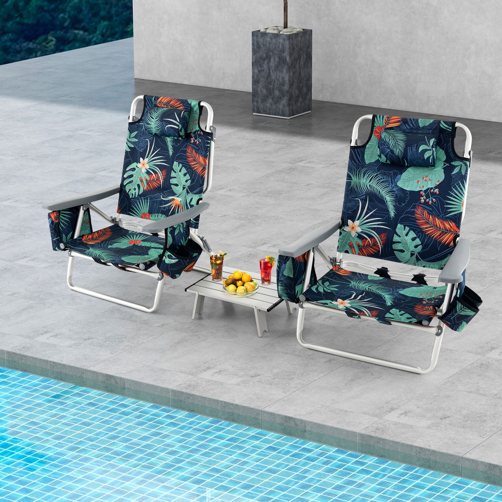 Ensemble de 2 ensembles chaises plage pliantes d'extérieur à 5 positions, sac dos et table
