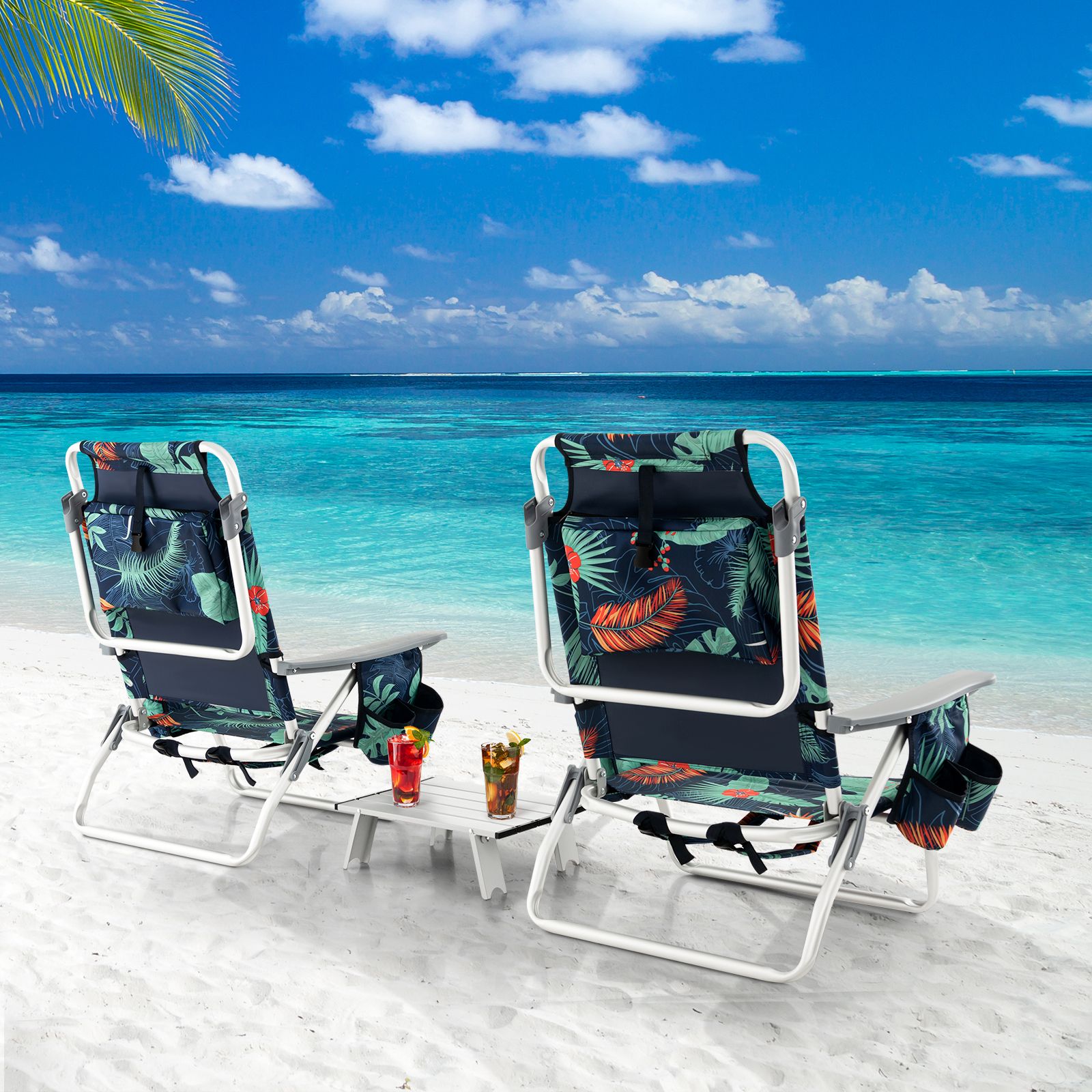 2 Packs 5-Position Outdoor Folding Backpack Beach Table Chair Reclining Set