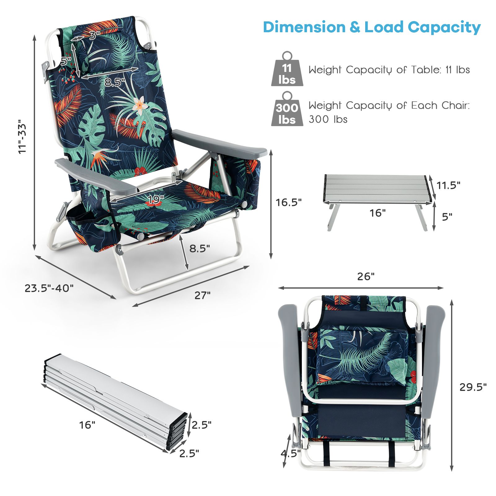 Ensemble de 2 ensembles chaises plage pliantes d'extérieur à 5 positions, sac dos et table