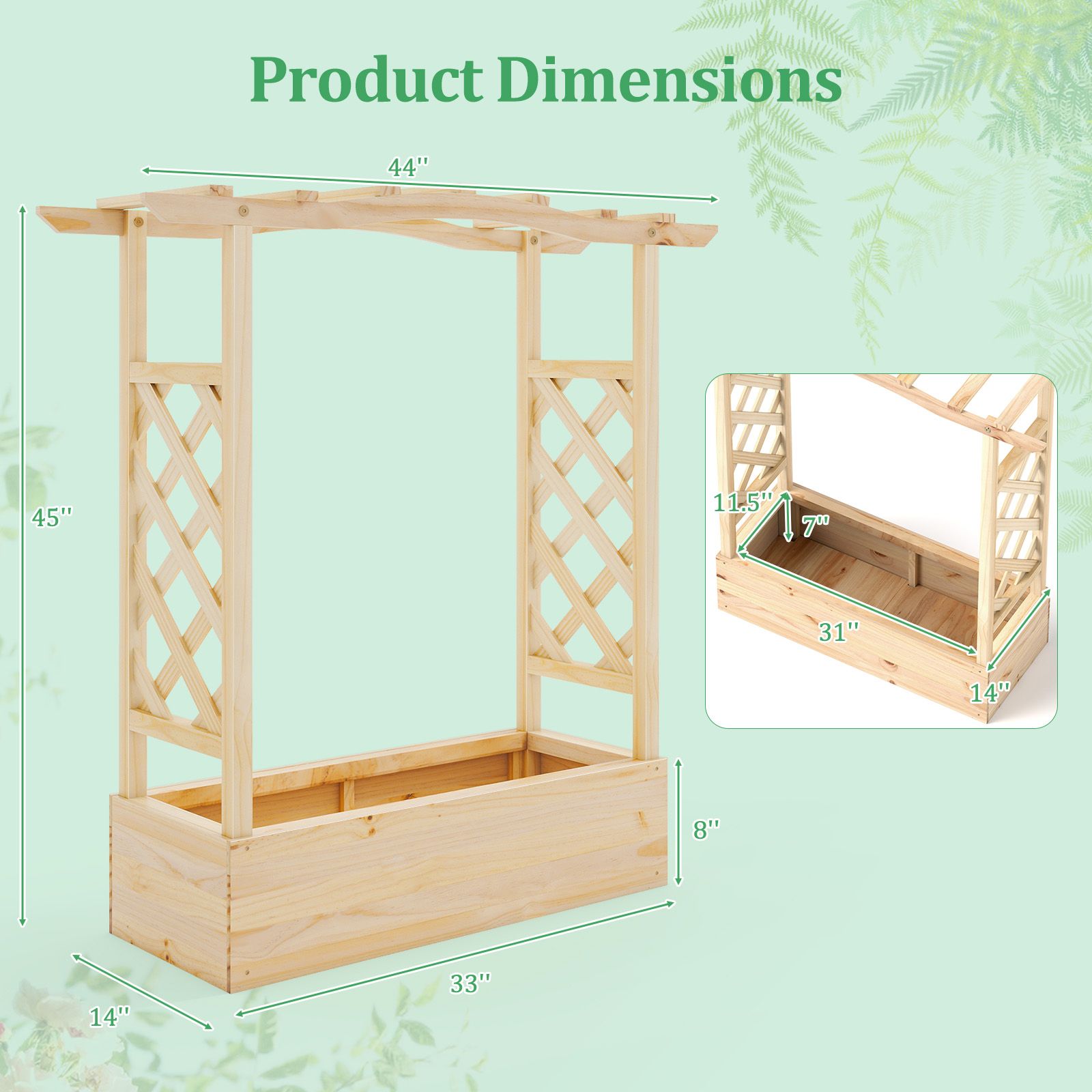 Wooden Raised Garden Bed Planter Box, Trellis and Hanging Roof