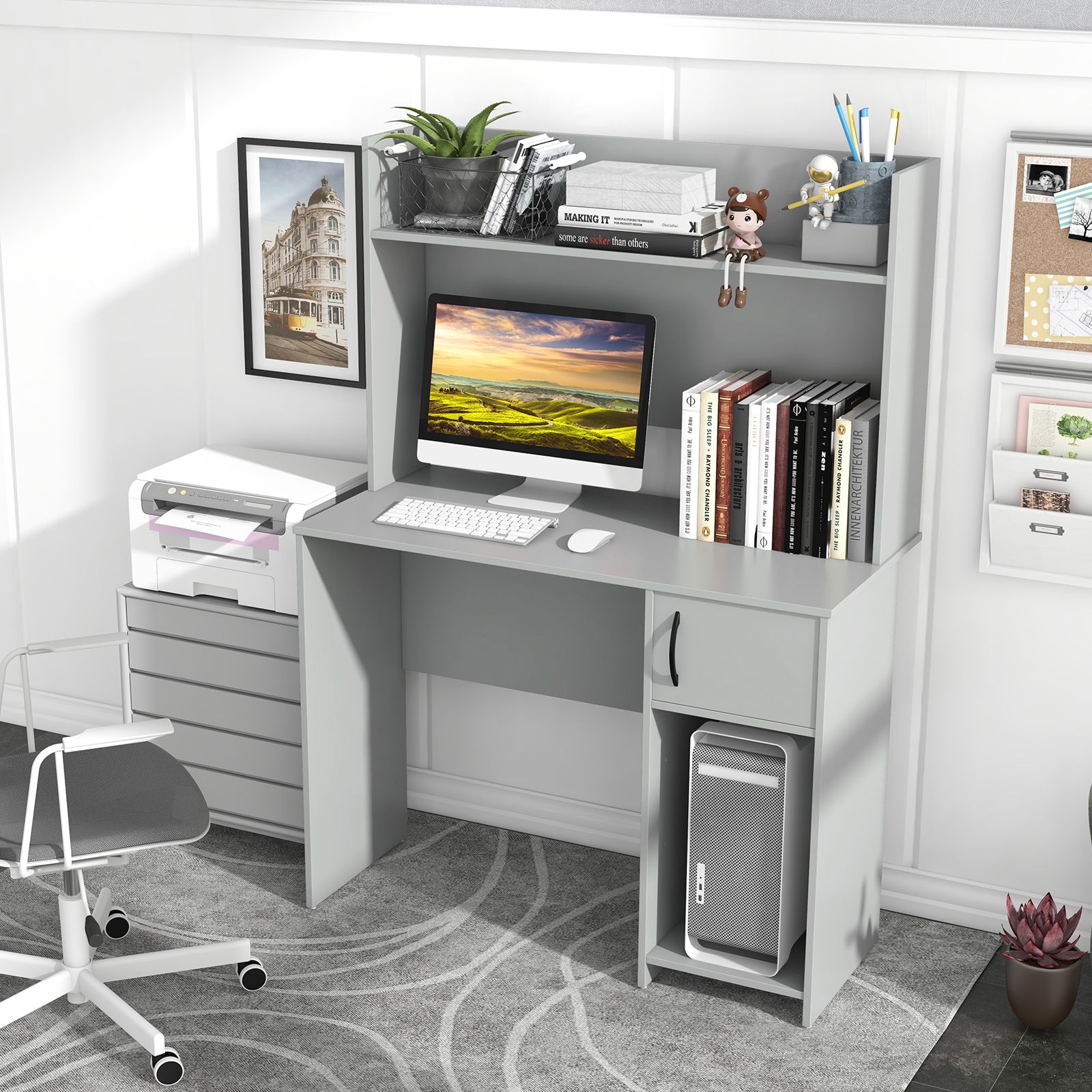 Home Office Desk, Raised Display Shelf and 2 Open Shelves - Gray