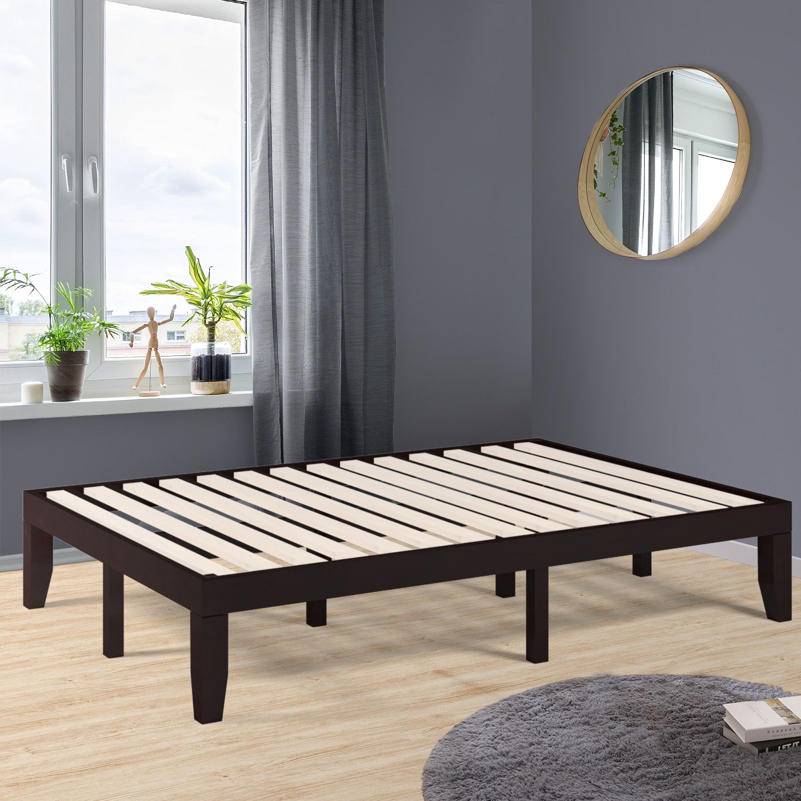 Cadre de lit double à plateforme en bois, sommier lattes
